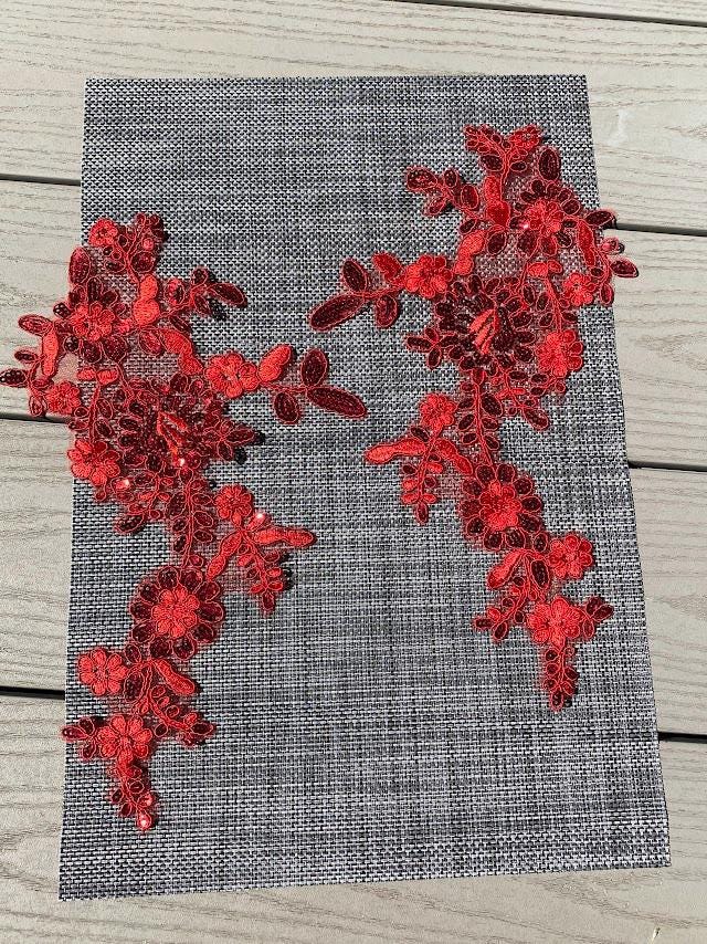 A158 Lace appliques ,wedding applique, Two Pairs Lace appliques Red color with sequin Size: 13" X 8"