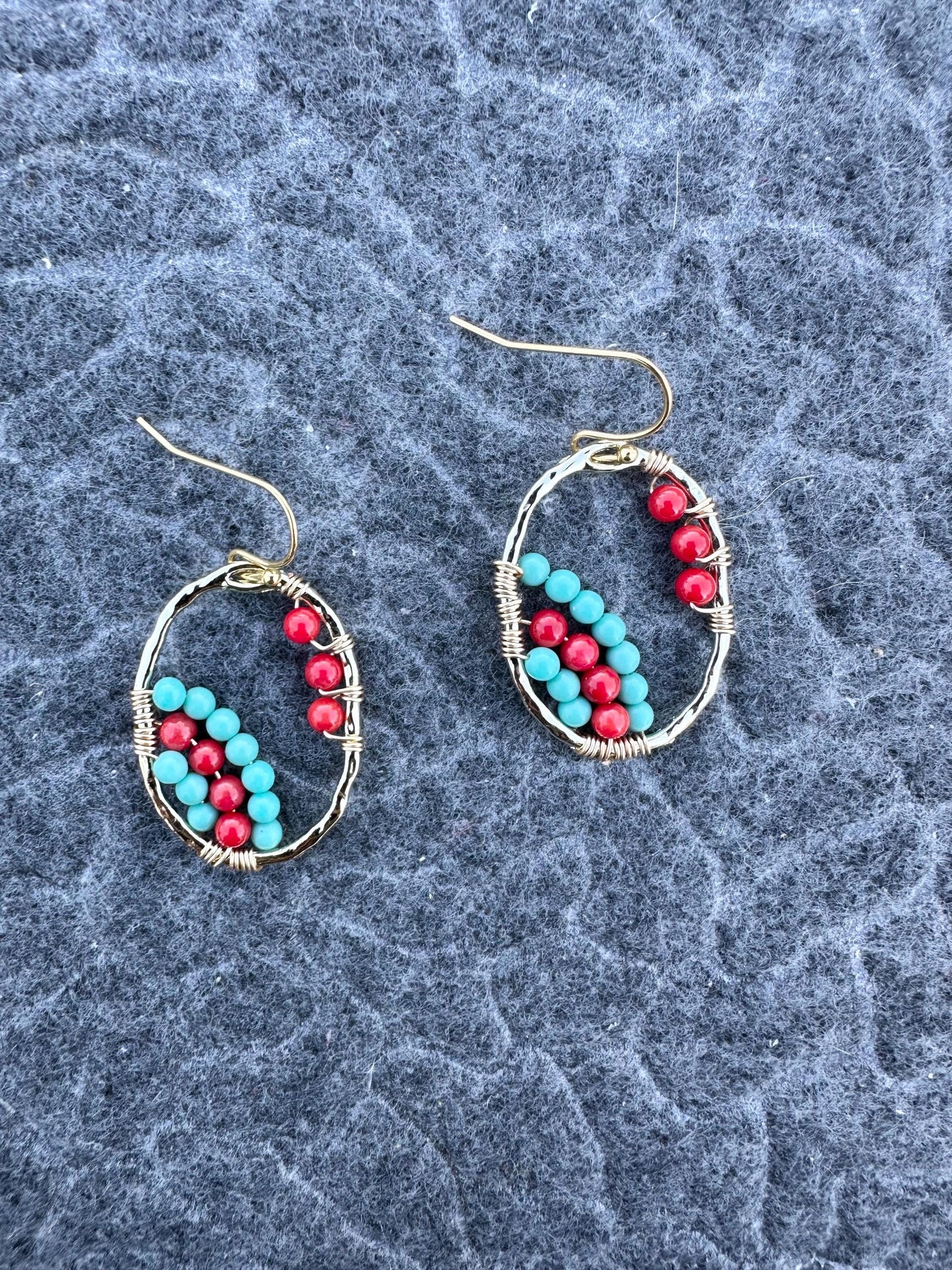 Handmade Earrings with 3mm Red coral and turquoise with 21.5mm X 30mm gold plated