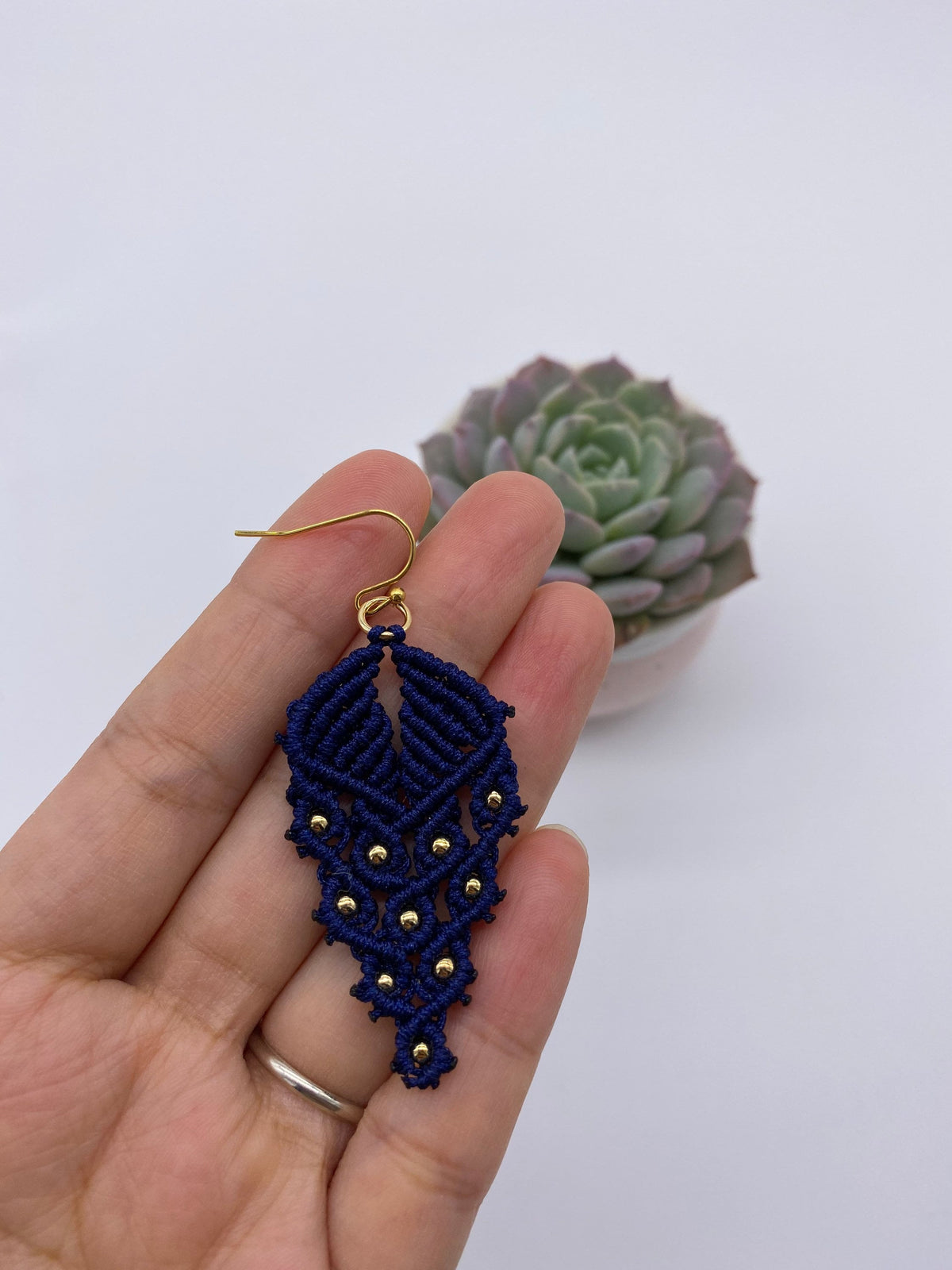 Navy Macrame Dangle Earrings: Bohemian Tribal Jewelry