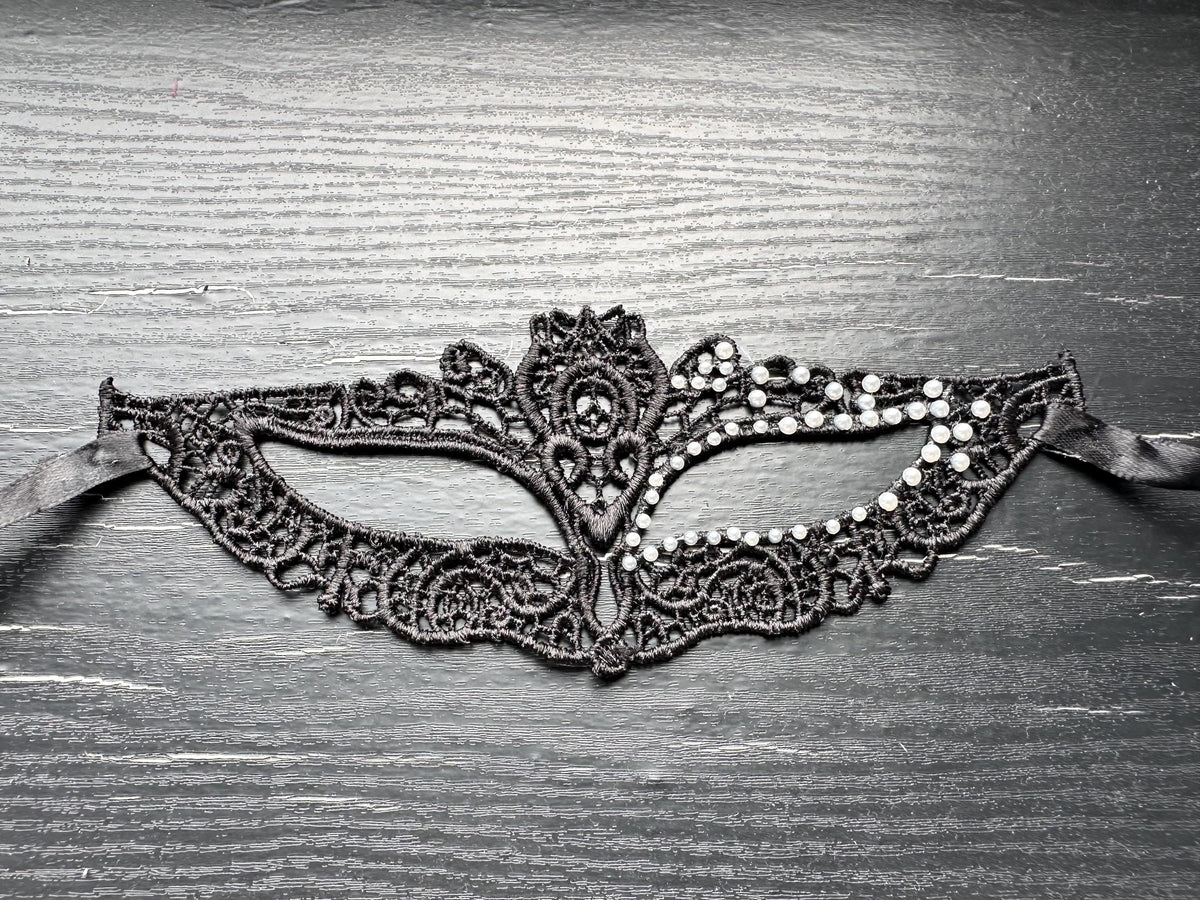 White Resin Pearls with Black soft Lace Mask, Embroidery, Appliques, Black Mask, Party Mask, Wedding Mask, Halloween Mask