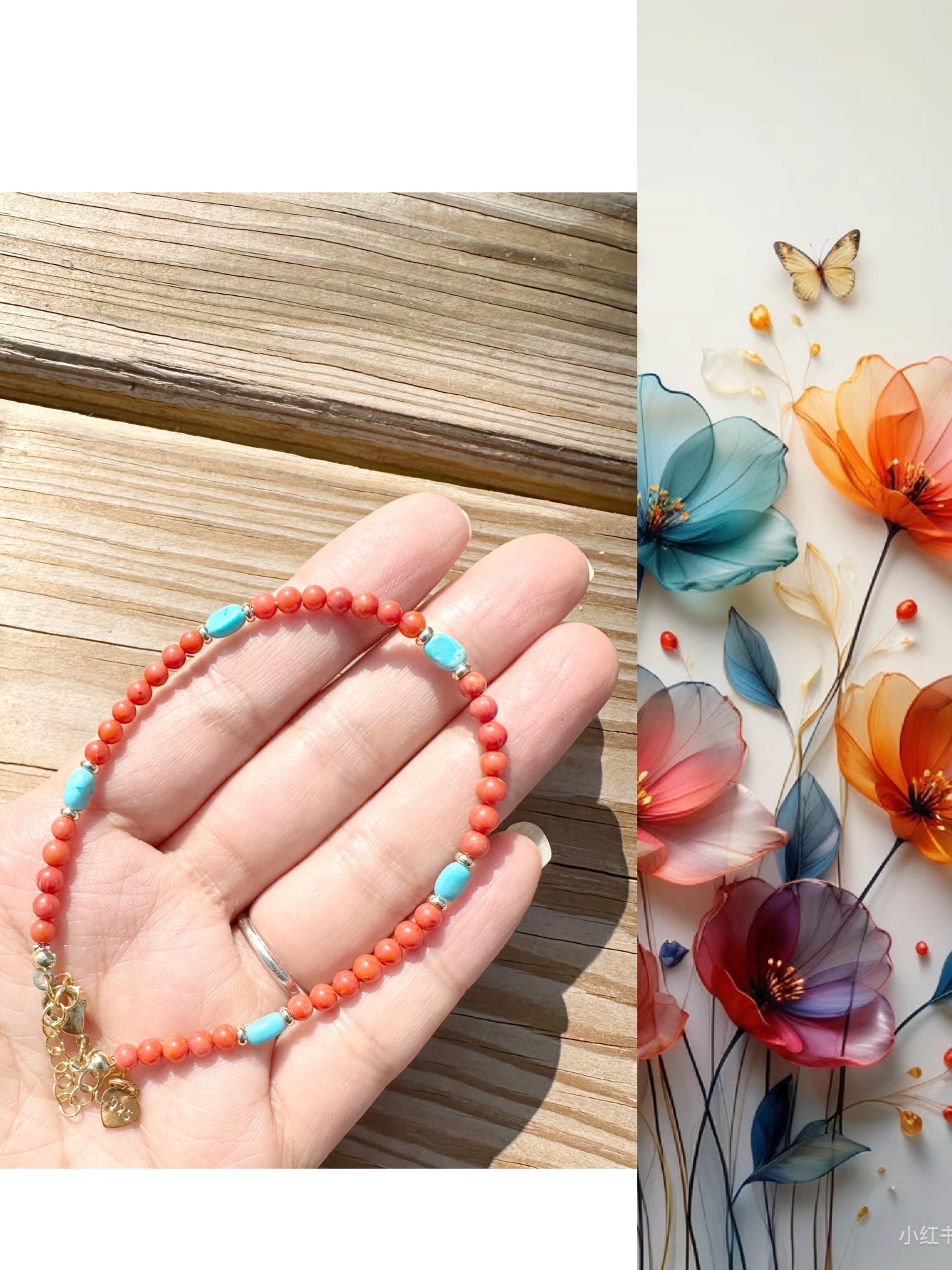 925 Sterling Silver gold plated with Red Coral And Turquoise handmade bracelet