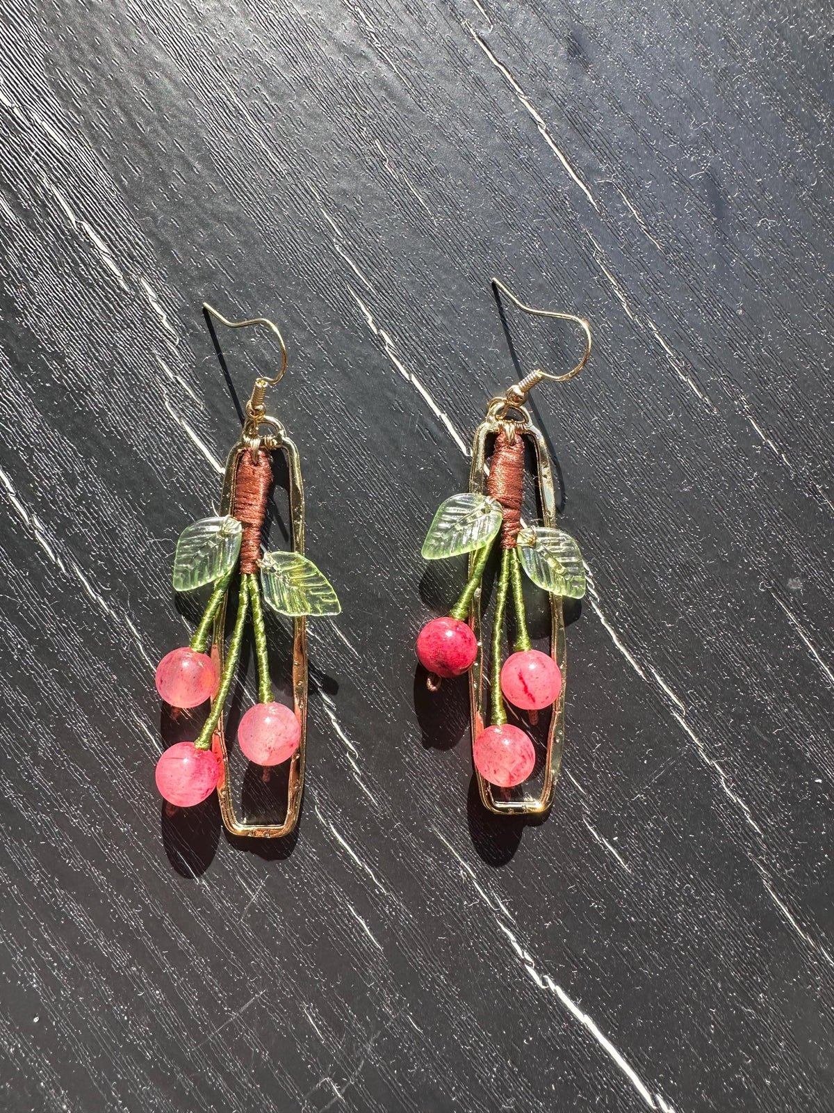 Handmade earings Gold Plated, with gemstone made cherry, size: 2 1/4” Length X 3/4” wide