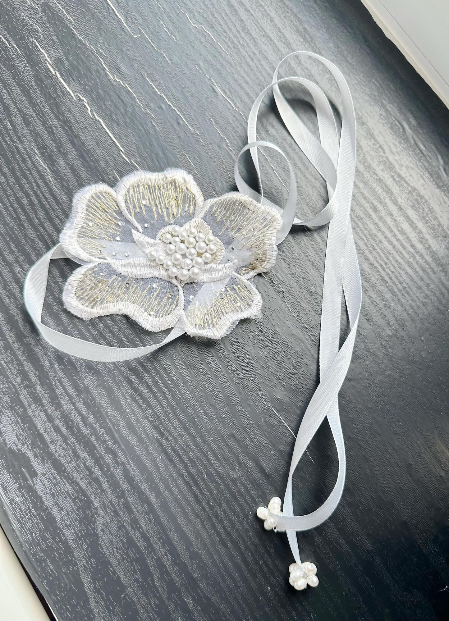 Handmade flower choker necklace with gray color ribbon end with freshwater pearls