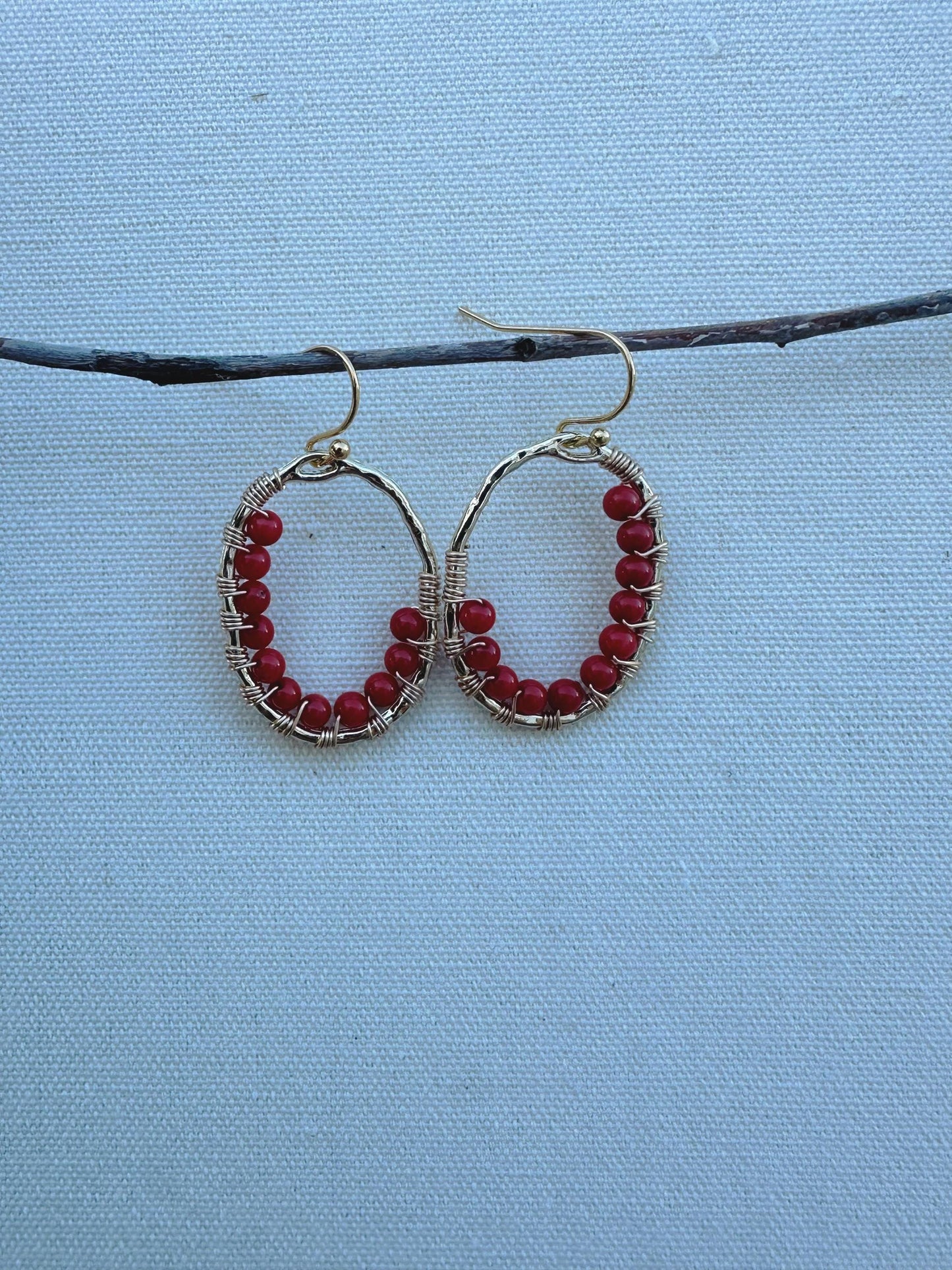 Handmade Earrings with 3mm Red Coral and 2mm Ruby with 1” length X3/4” wide gold plated and 18k gold plated hooks