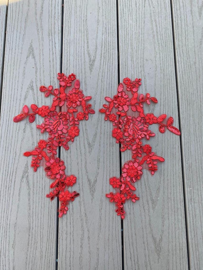 A158 Lace appliques ,wedding applique, Two Pairs Lace appliques Red color with sequin Size: 13" X 8"