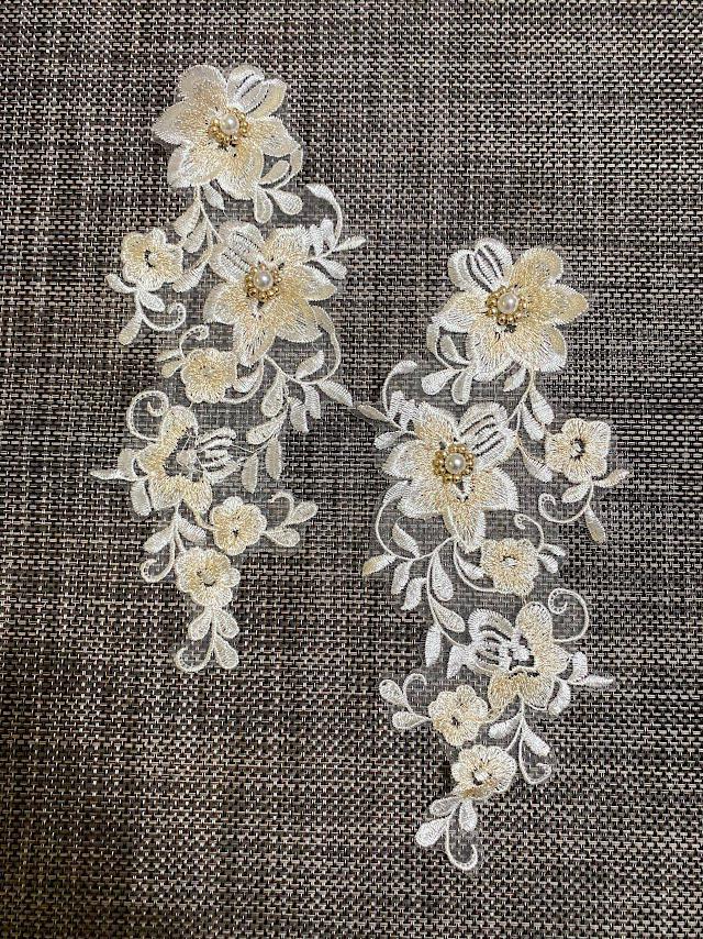A39B Lace appliques,Ivory Cream, wedding applique, TWO PAIRS Lace appliques, Size: 10" x 3.5" with Gold Color Beaded