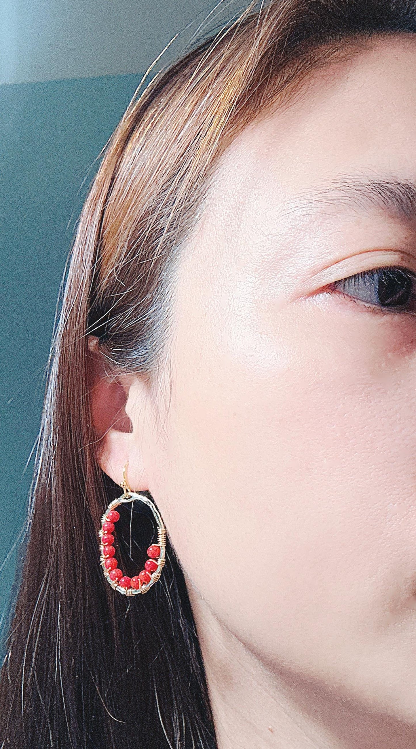 Handmade Earrings with 3mm Red Coral and 2mm Ruby with 1” length X3/4” wide gold plated and 18k gold plated hooks