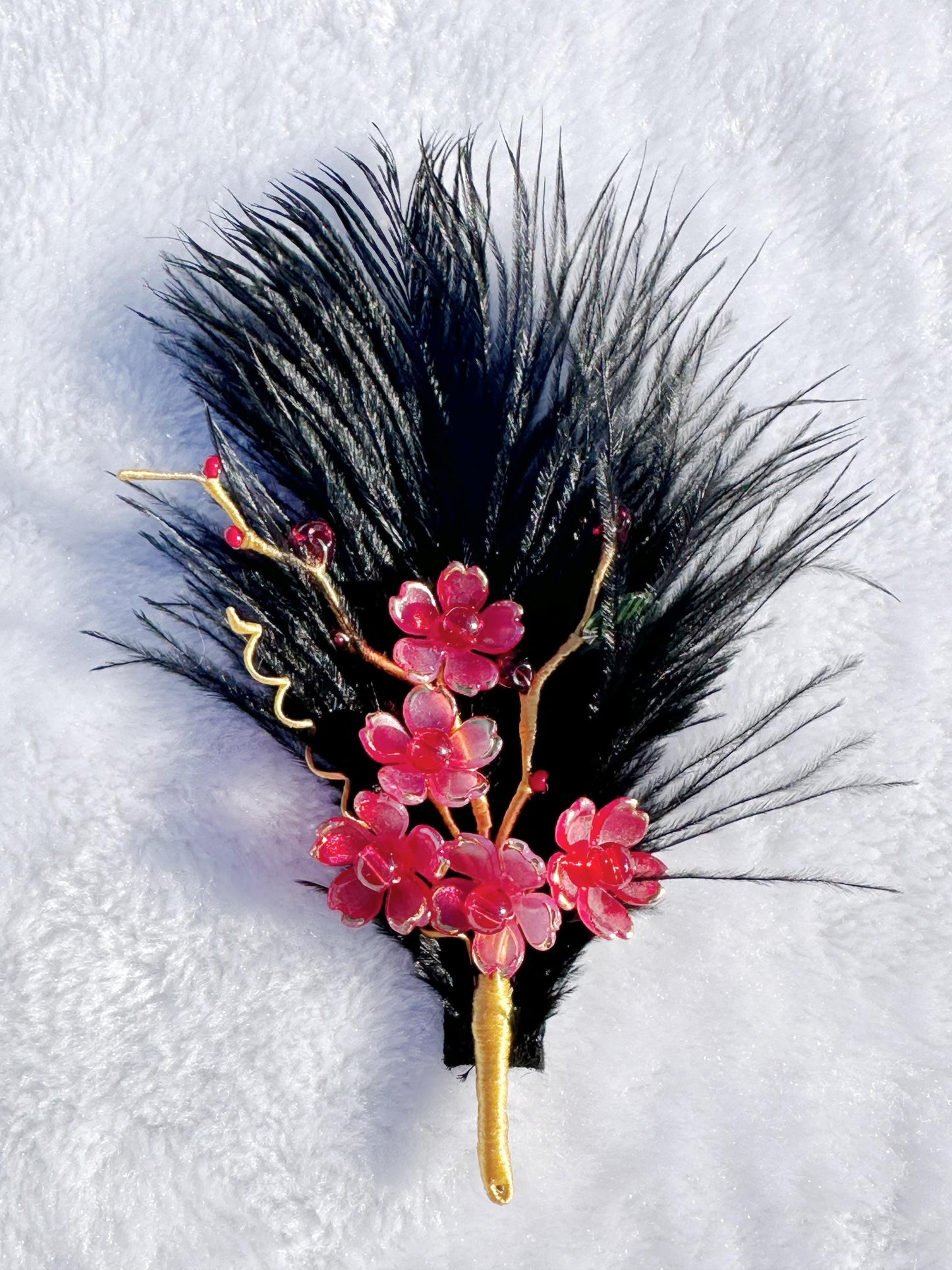 Handmade brooch, red color cherry blossom flowers and Ostrich feather brooch, size 6”x3”