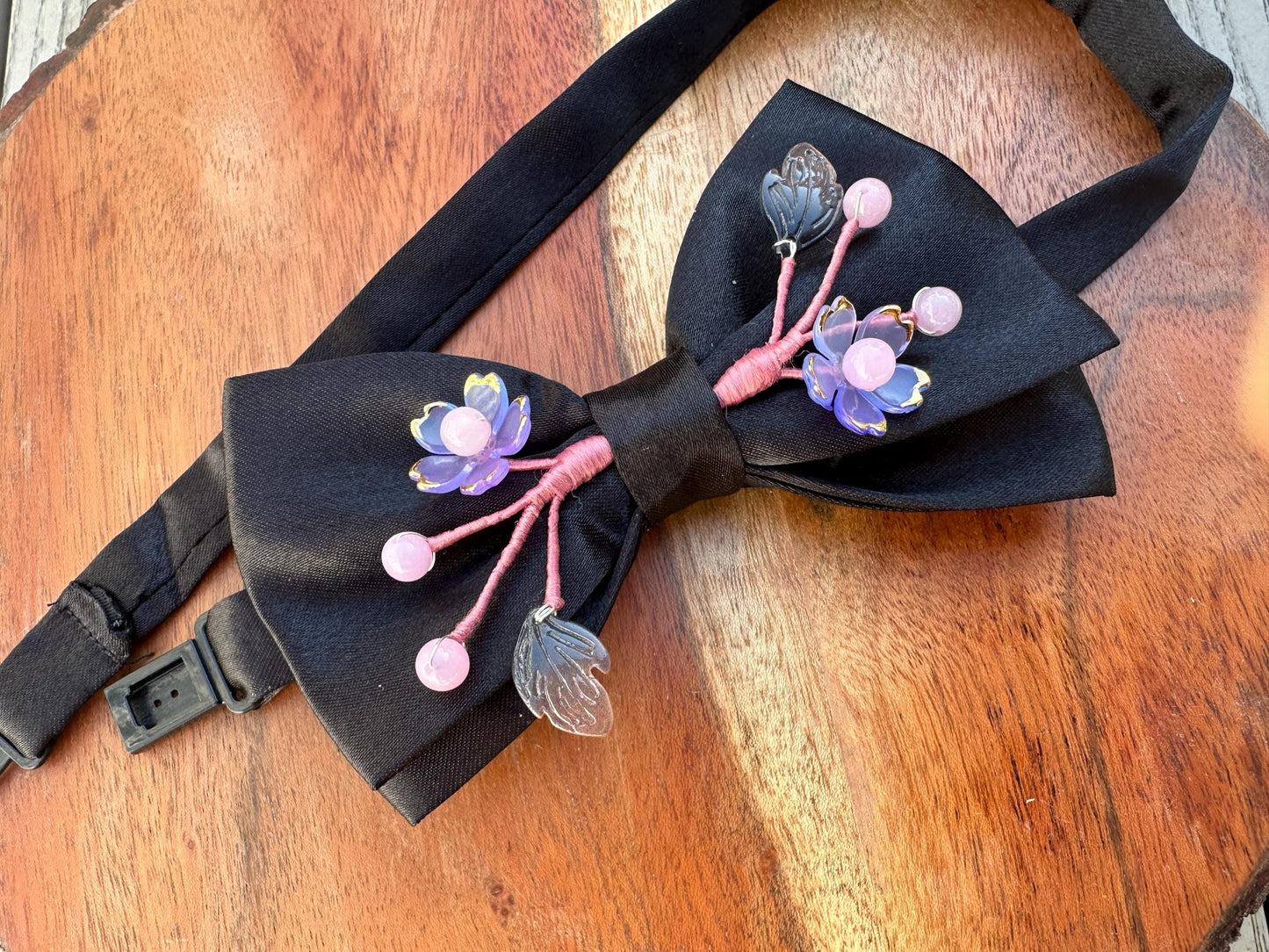 Handmade Bow Tie for women Men,Boys – Black Satin Bow Tie with Purple Cherry Blossom Branch – Asian Inspired Wedding Formal Accessory