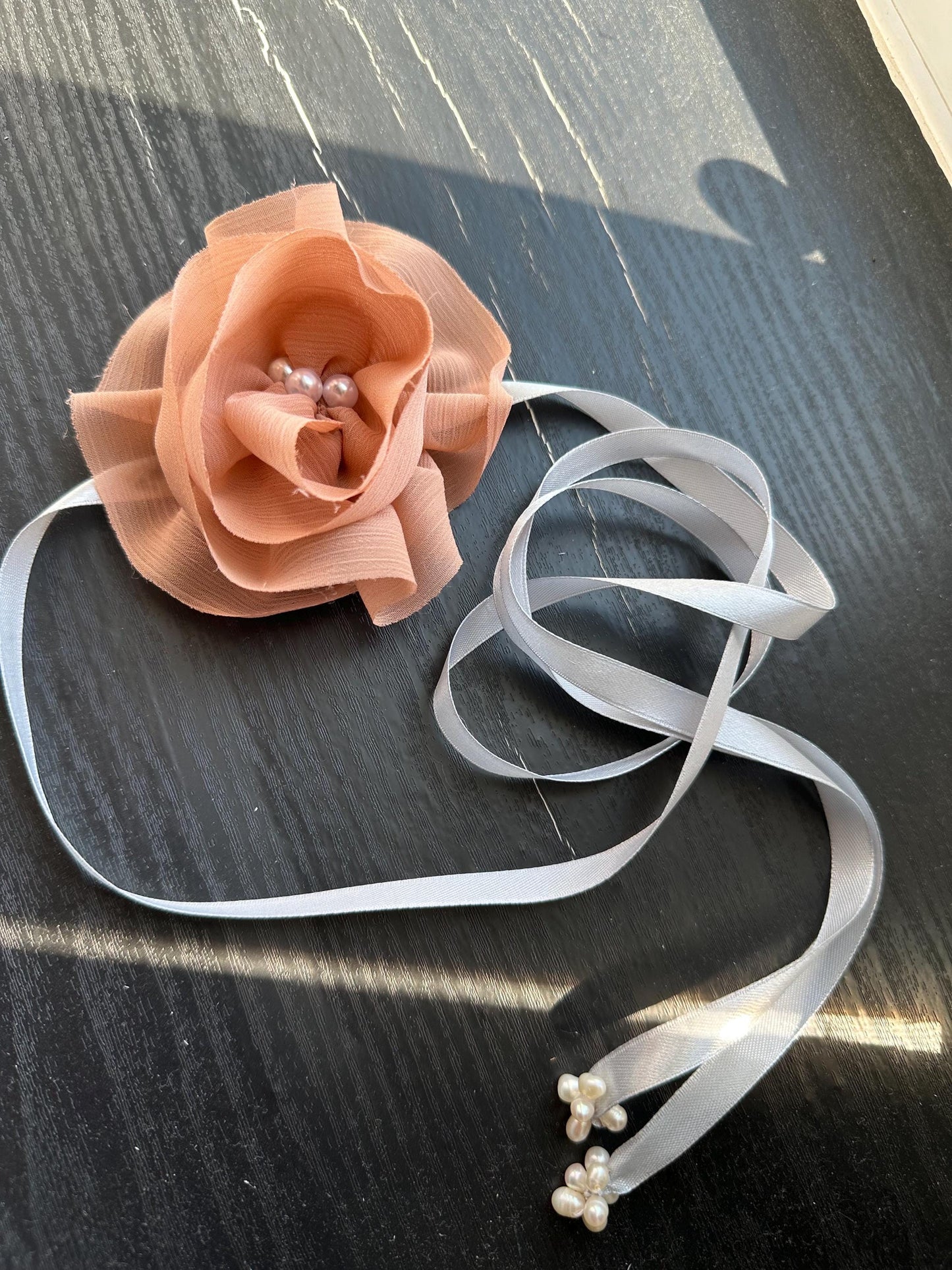 Handmade flower choker necklace with Peach color ribbon end with freshwater pearls