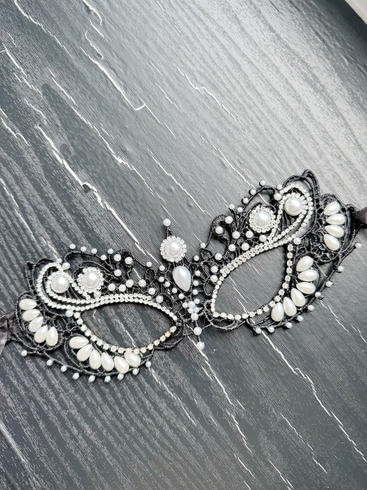 Black color Lace Masquerade Mask, Embroidered Party Mask with white Resin beads and rhinestone, party mask