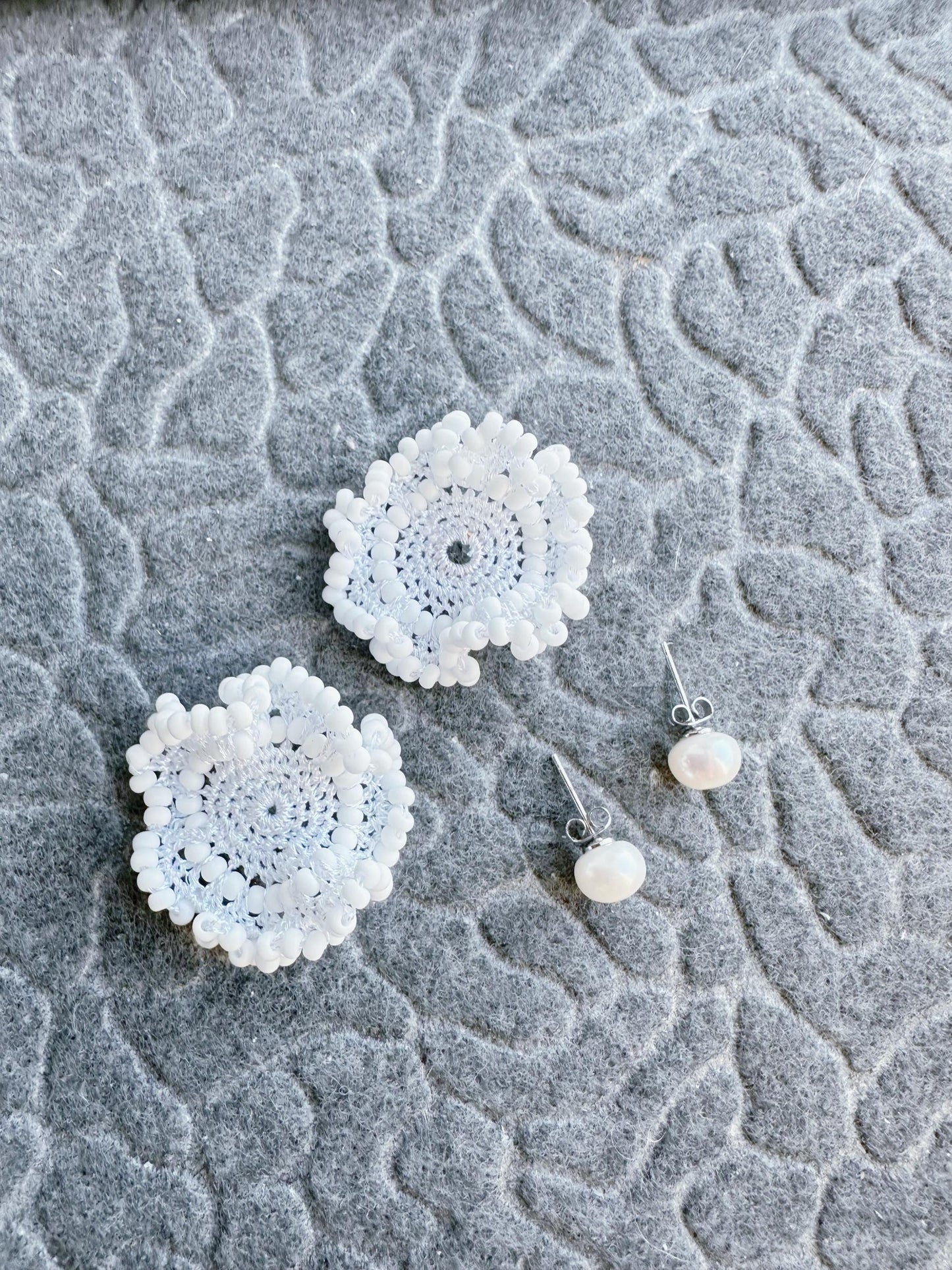 Crochet with Metallic Embroidery Thread and Red color glass beads ,freshwater pearls studs with 925 sterling silver Earrings