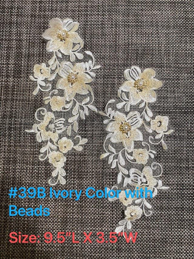 A39B Lace appliques,Ivory Cream, wedding applique, TWO PAIRS Lace appliques, Size: 10" x 3.5" with Gold Color Beaded
