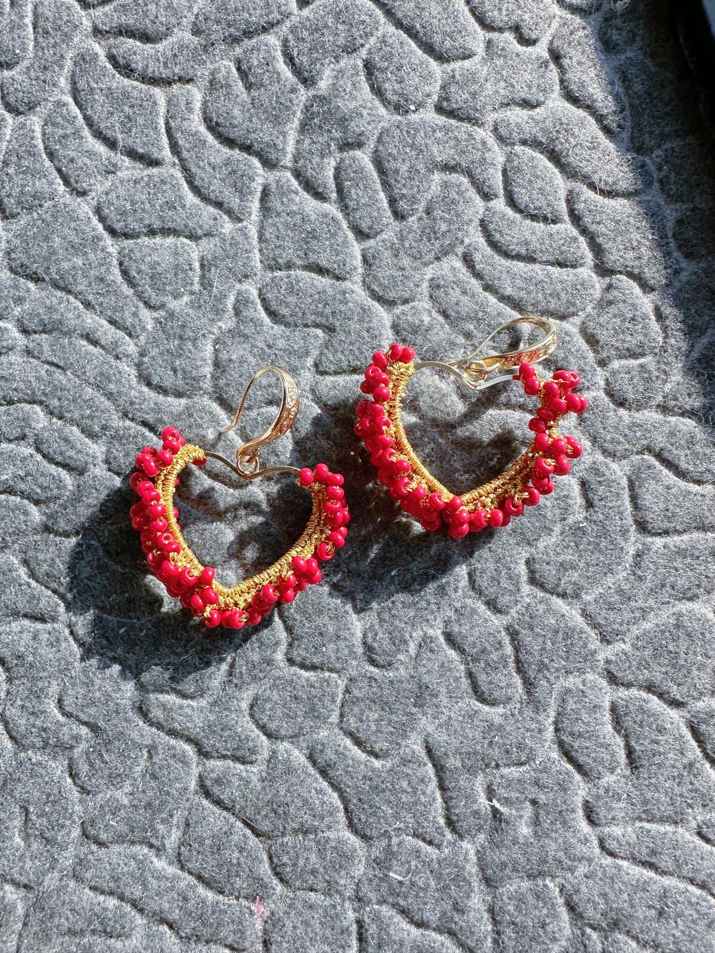 Crochet with Metallic Embroidery Thread and Red color glass beads , gold plated hooks