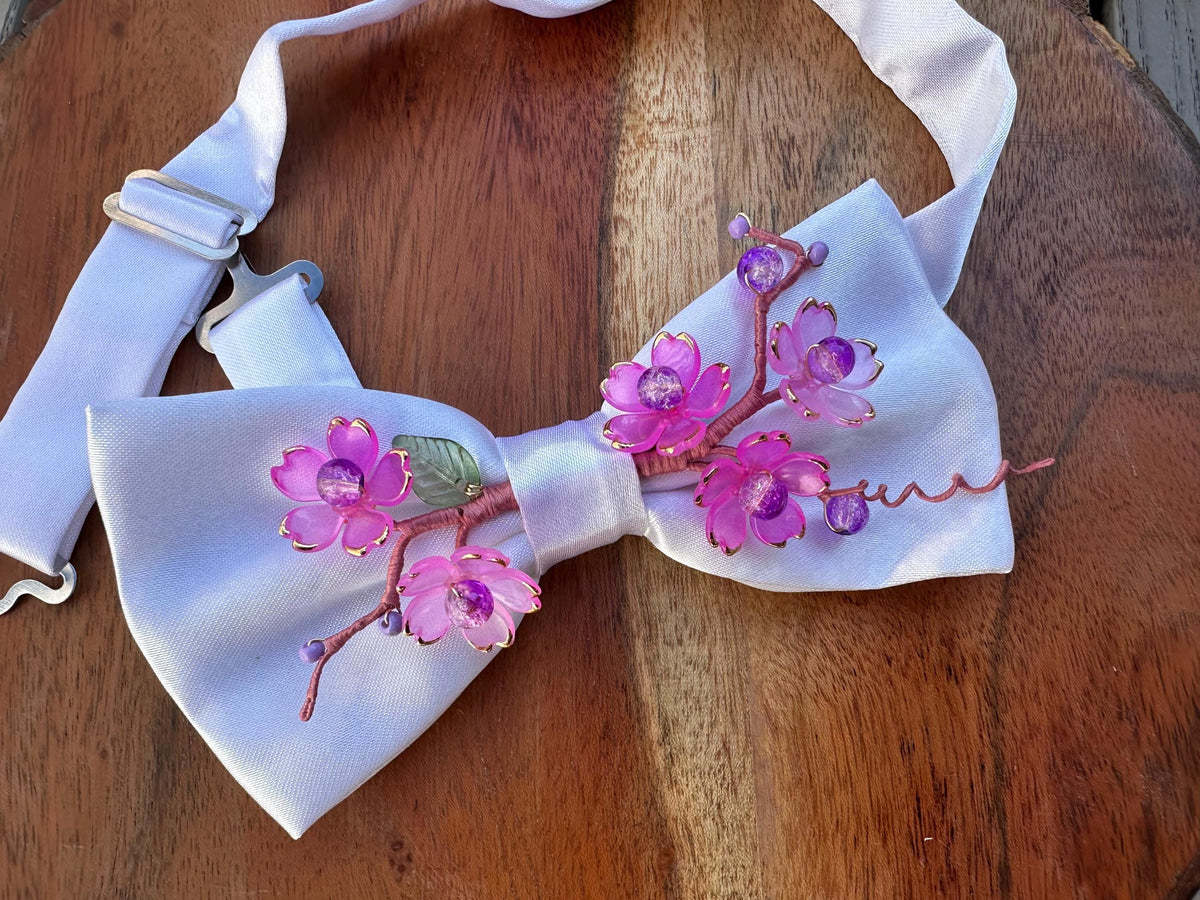 Handmade Bow Tie for women Men,Boys – White Satin Bow Tie with Pink Cherry Blossom Branch – Asian Inspired Wedding Formal Accessory