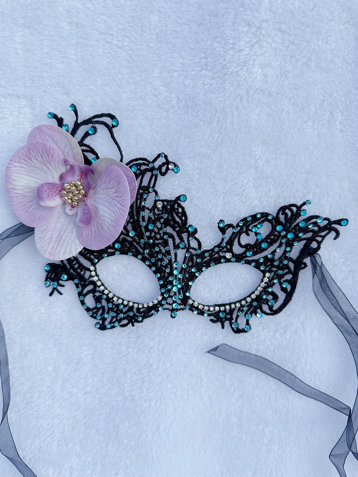 Lace masquerade Mask, with fabric Orchid flower and rhinestone, Masquerade Party mask, Halloween Party mask