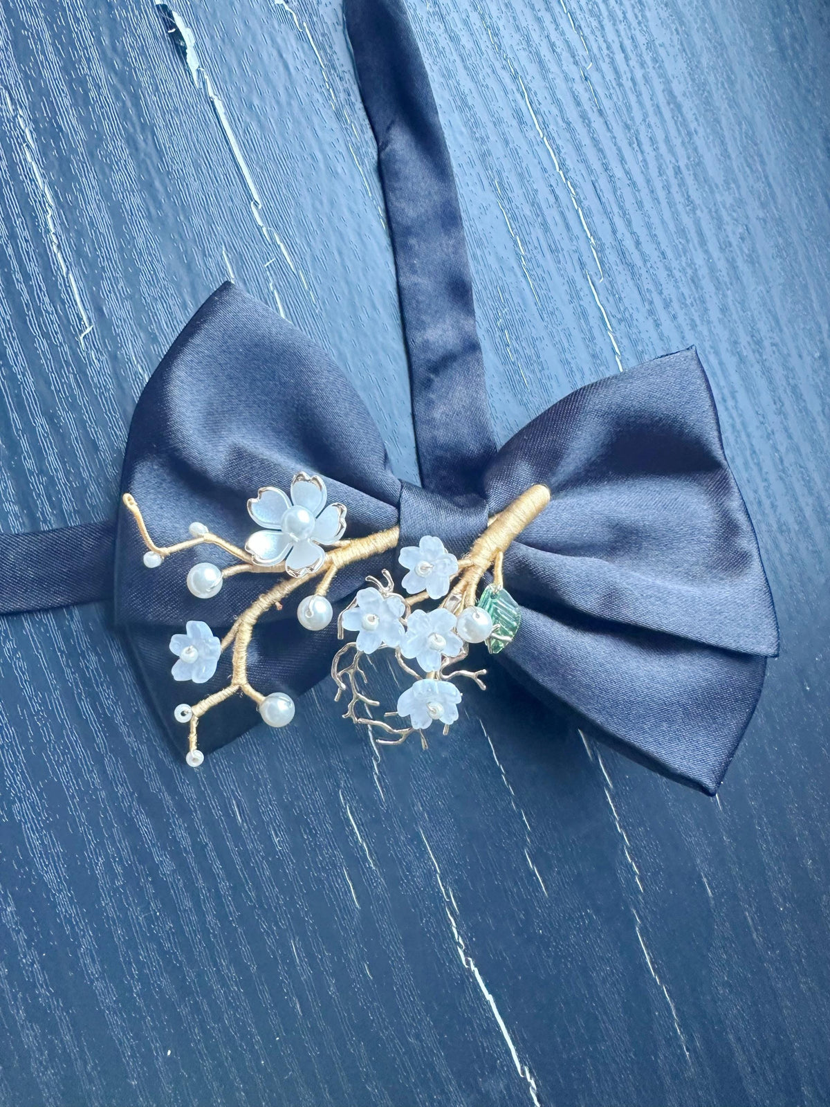 Handmade Bow Tie for women Men,Boys – Black Satin Bow Tie with white color Cherry Blossom Branch – Asian Inspired Wedding Formal Accessory