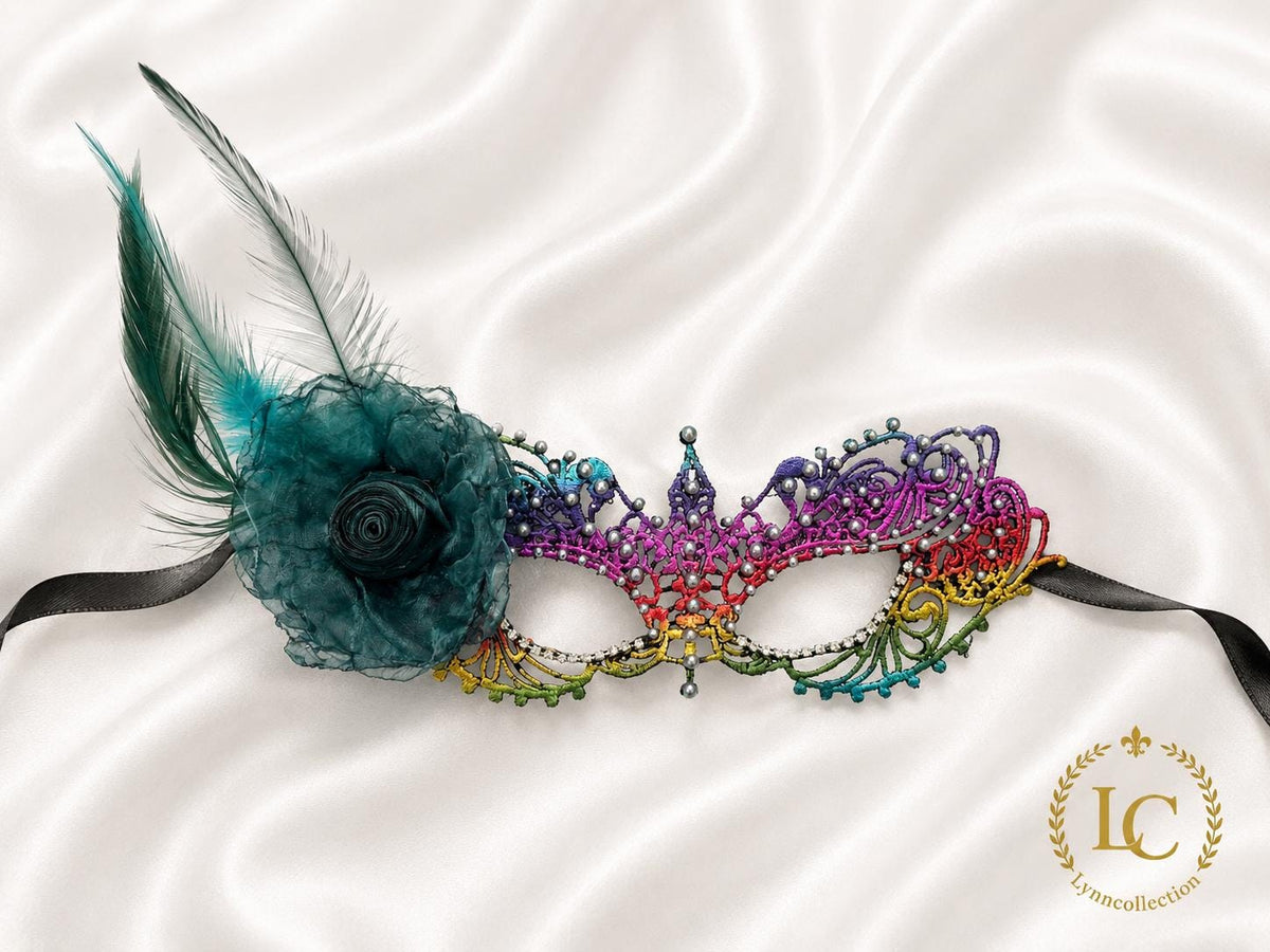 Rainbow color Masquerade Mask with silk flower and white color Resin Pearls , Women's Masquerade Mask, Masquerade Ball Masks, Lace Mask