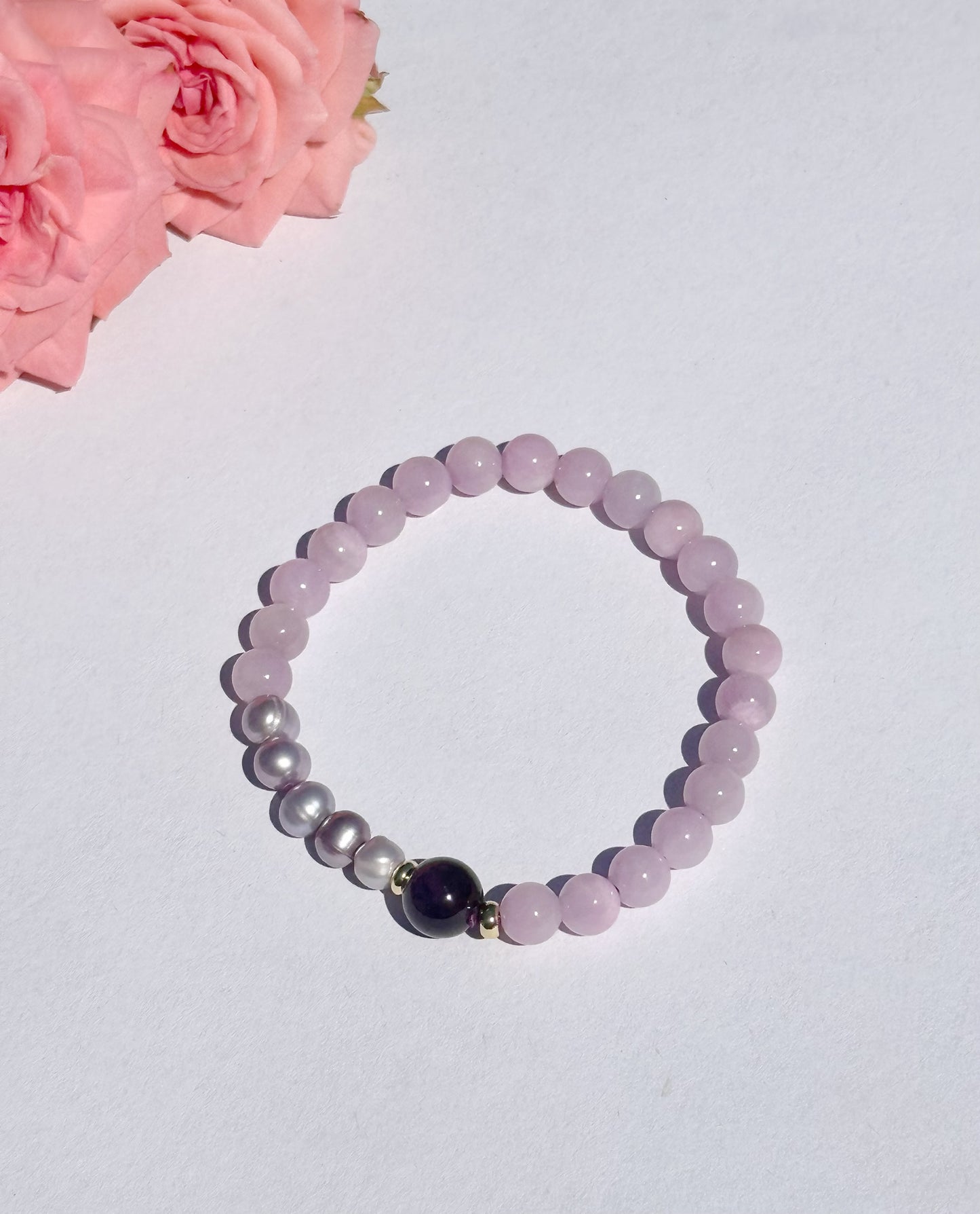 Natural Stone Beads 6mm Natural Kunzite with purple freshwater pearls with Elastic stretches for a secure, easy fit Handmade Bracelet, Women bracelet