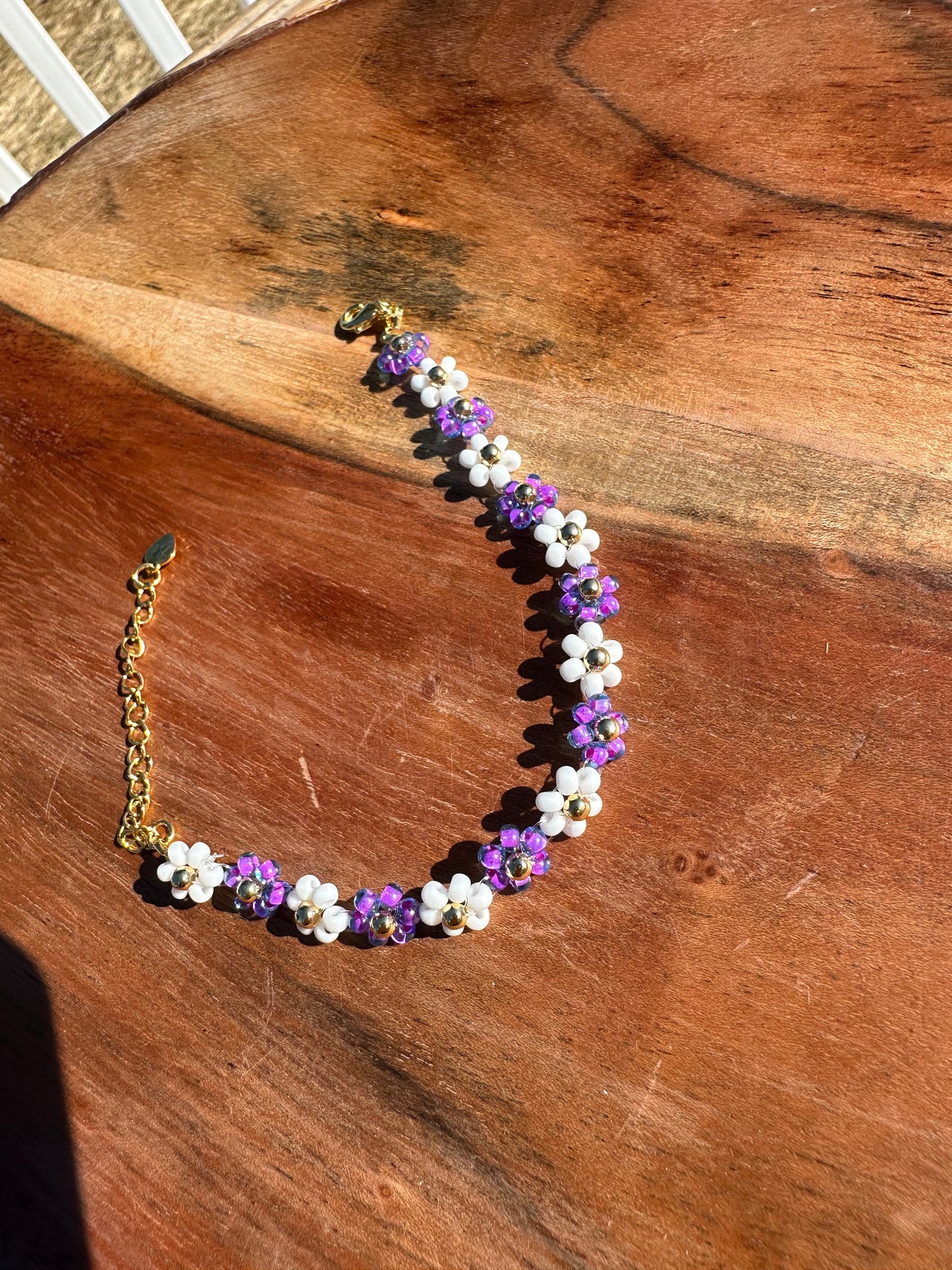 18k gold plated handmade bracelet with glass seed beads made flowers