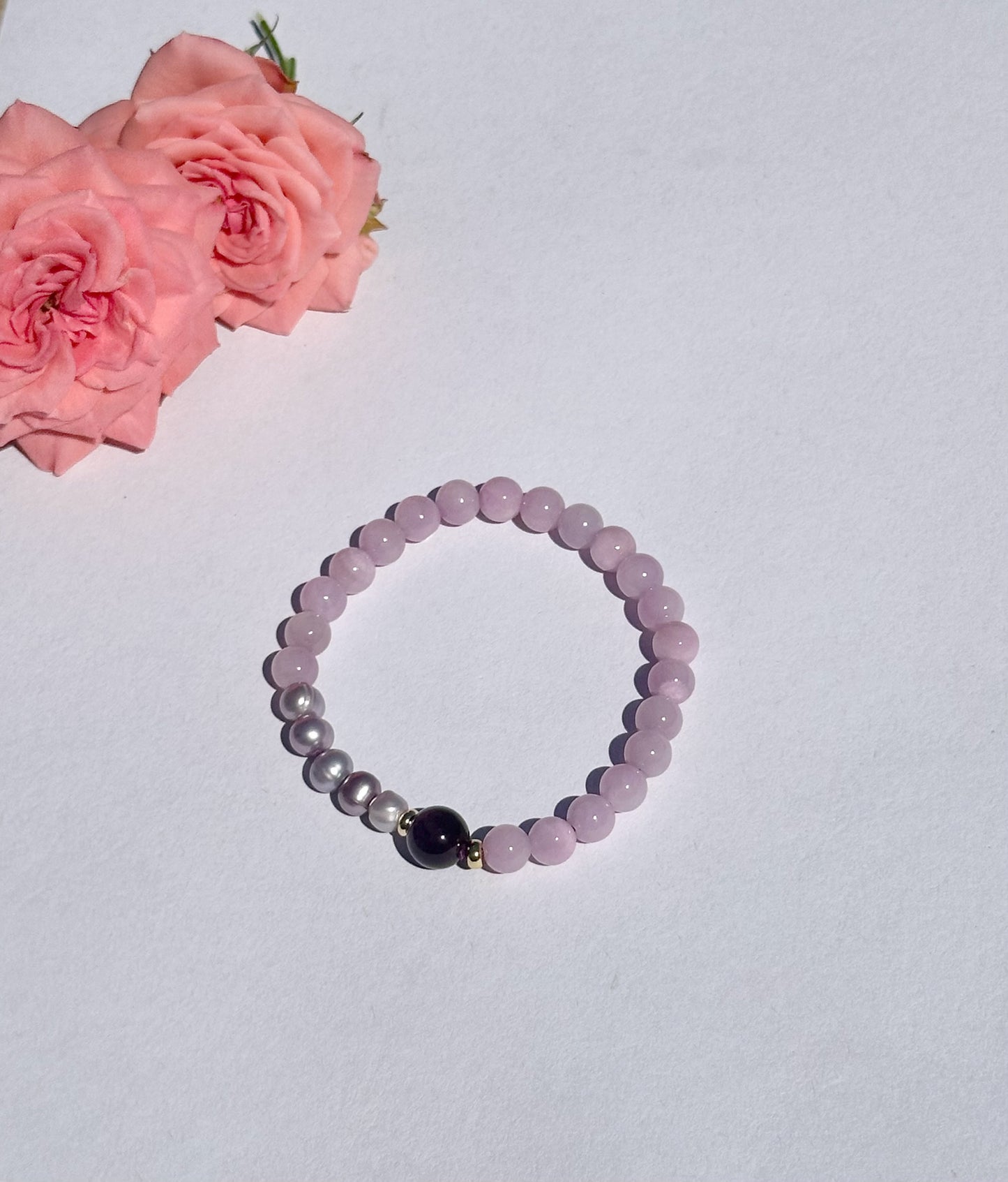 Natural Stone Beads 6mm Natural Kunzite with purple freshwater pearls with Elastic stretches for a secure, easy fit Handmade Bracelet, Women bracelet