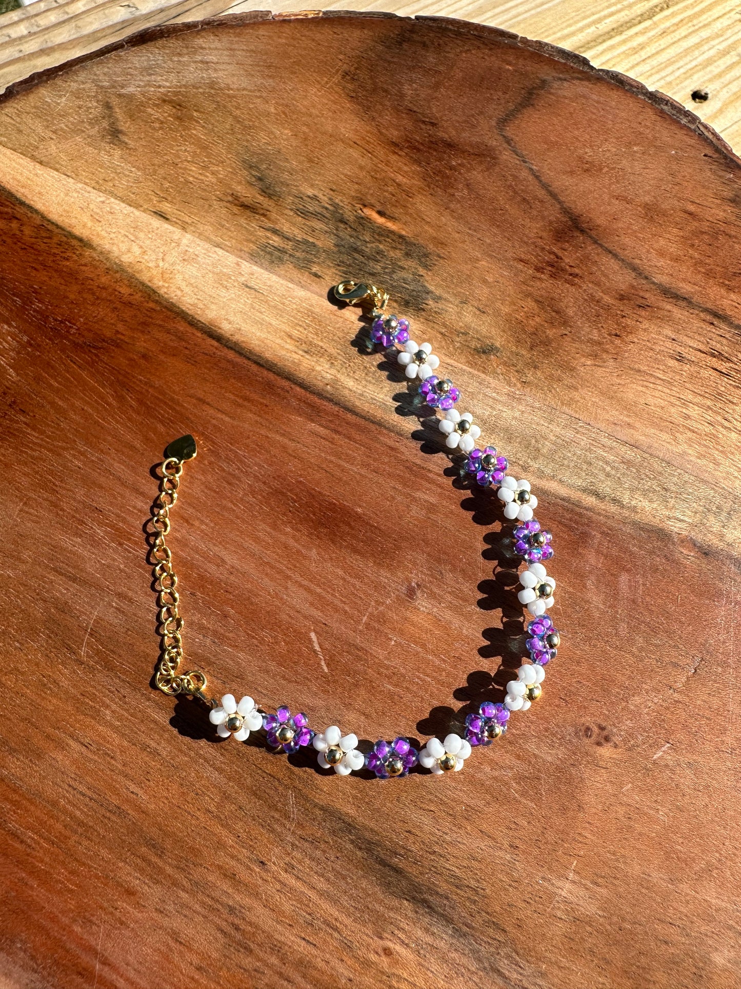 18k gold plated handmade bracelet with glass seed beads made flowers