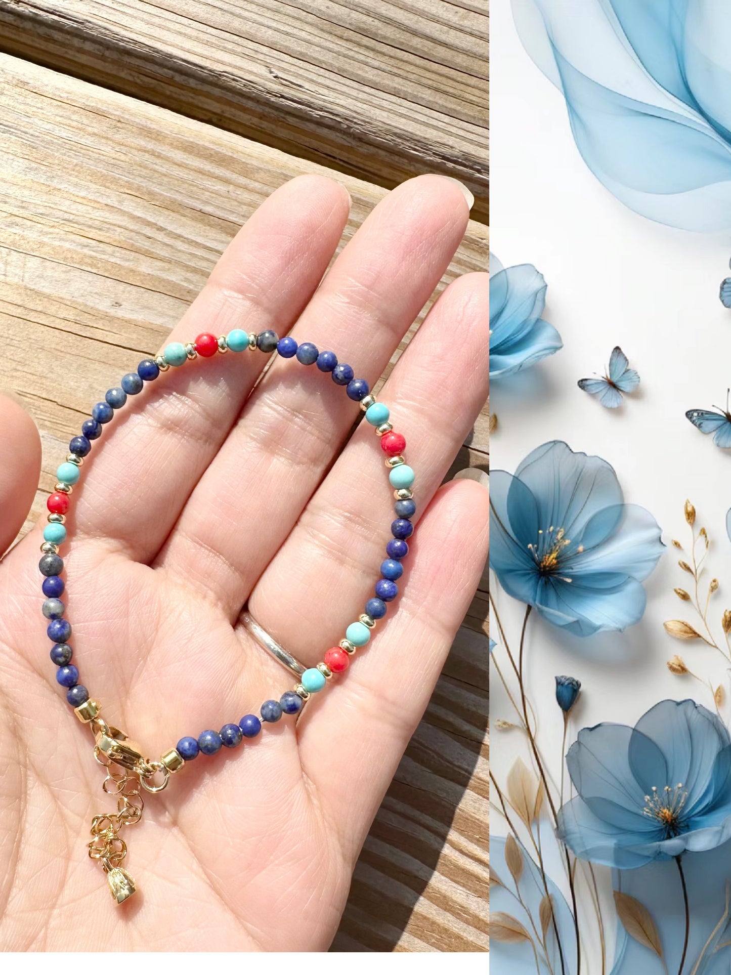 925 Sterling Silver gold plated with 3mm Lapis Lazuli handmade bracelet