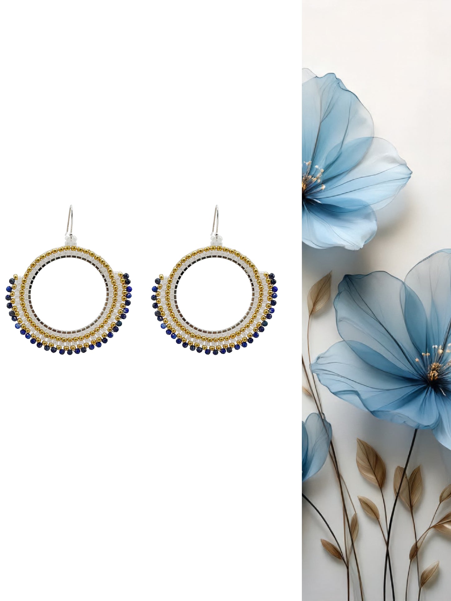 Handmade earrings, Dangle Earrings with seed beads and Lapis Lazuli gemstone with 925 sterling silver hook