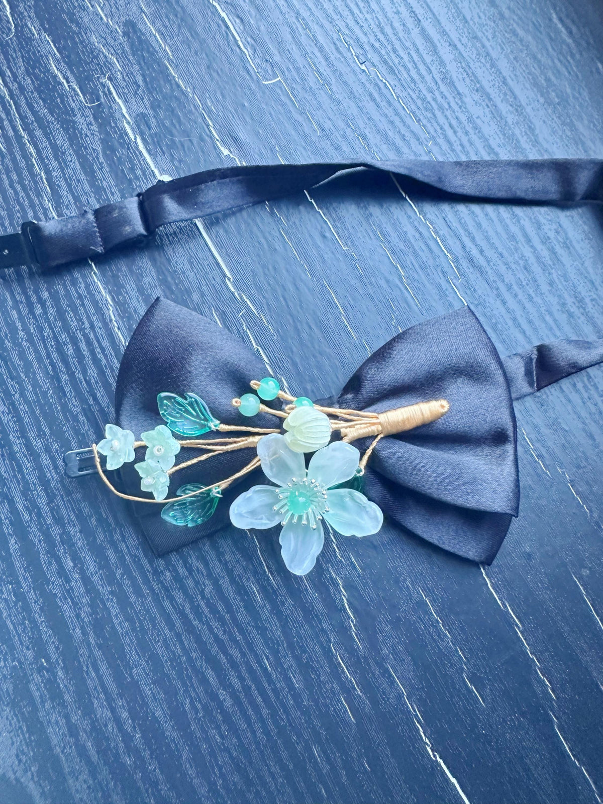 Handmade Bow Tie for women Men,Boys – Black Satin Bow Tie with light green flower Blossom Branch – Asian Inspired Wedding Formal Accessory