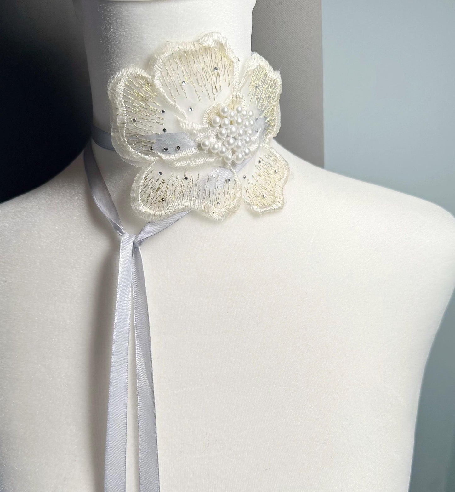 Handmade flower choker necklace with gray color ribbon end with freshwater pearls