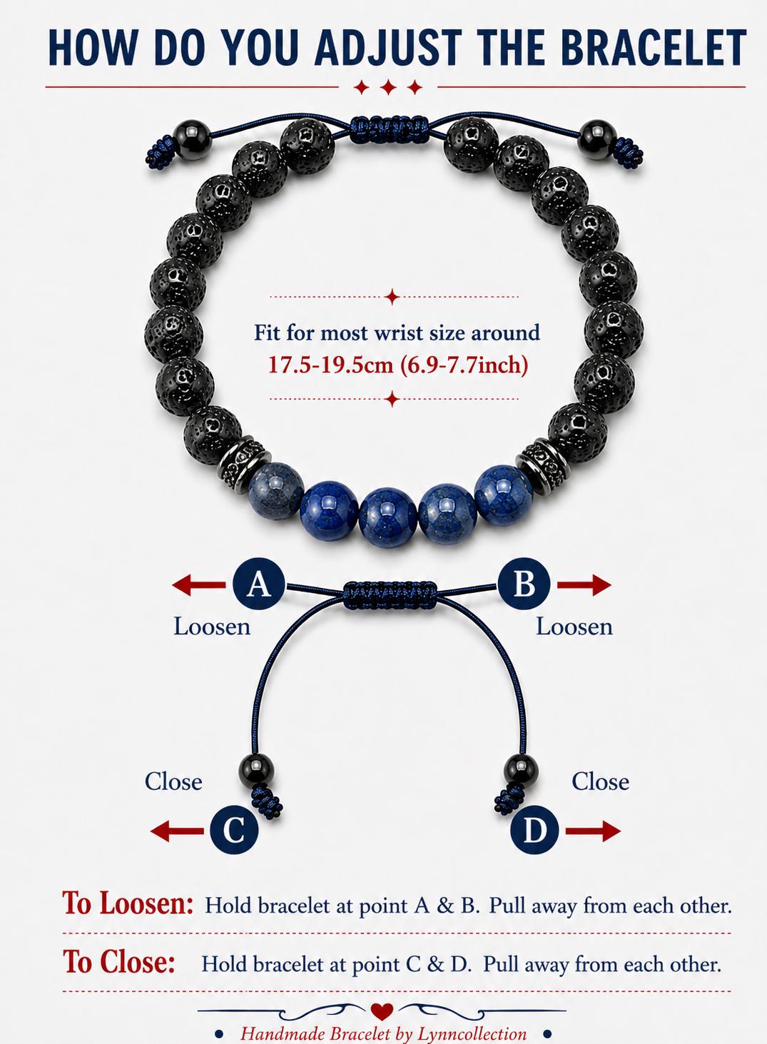 Gemstone Bracelet for HIM OR HER. Made it with Black Lava Stone,Lapis Lazuli, Adjustable Knotted Cord