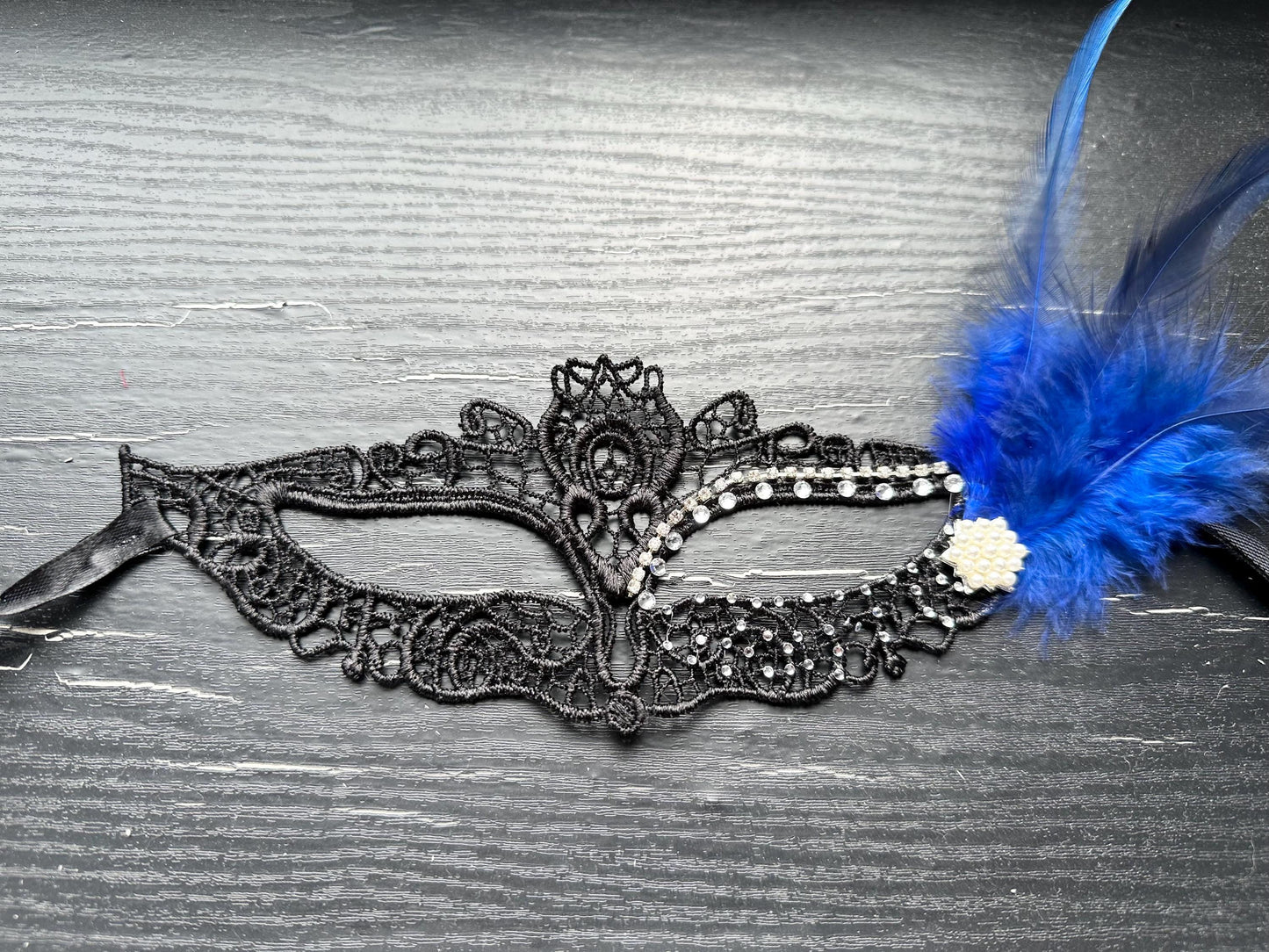 Black soft Lace Mask, Embroidery Mask, Black Mask, Party Mask, Wedding Mask, Halloween Mask, with clear rhinestone and blue feather