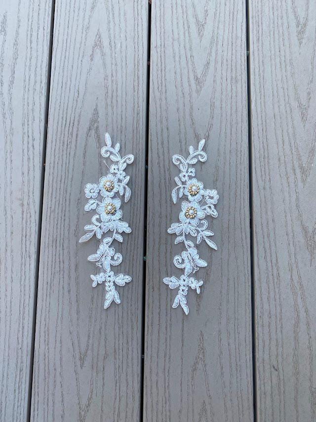 A130 Lace appliques ,wedding applique, TWO PAIRS White Color Lace appliques with Gold Color beaded Embroidered Appliques