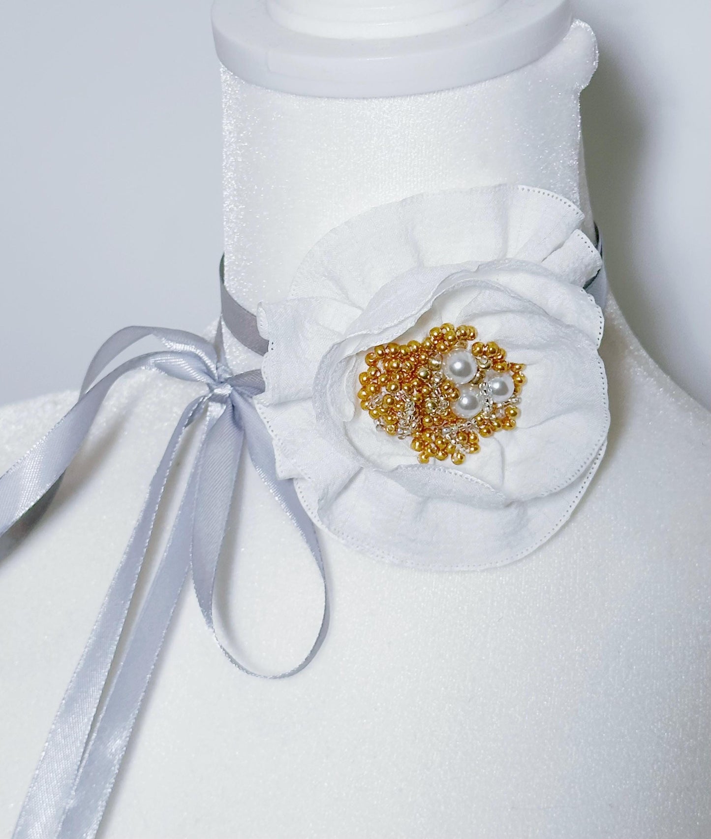 Handmade flower choker necklace with Peach color ribbon end with freshwater pearls