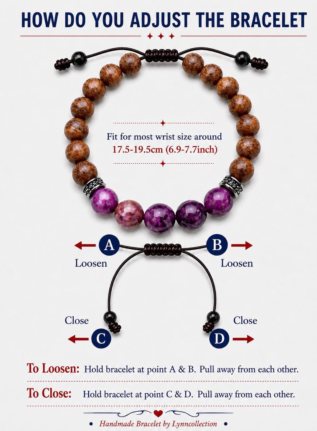 Bracelet for HIM AND HER, Made it with 8mm Sandalwoods and 8mm Purple Tiger’s Eye, Adjustable knotted cord
