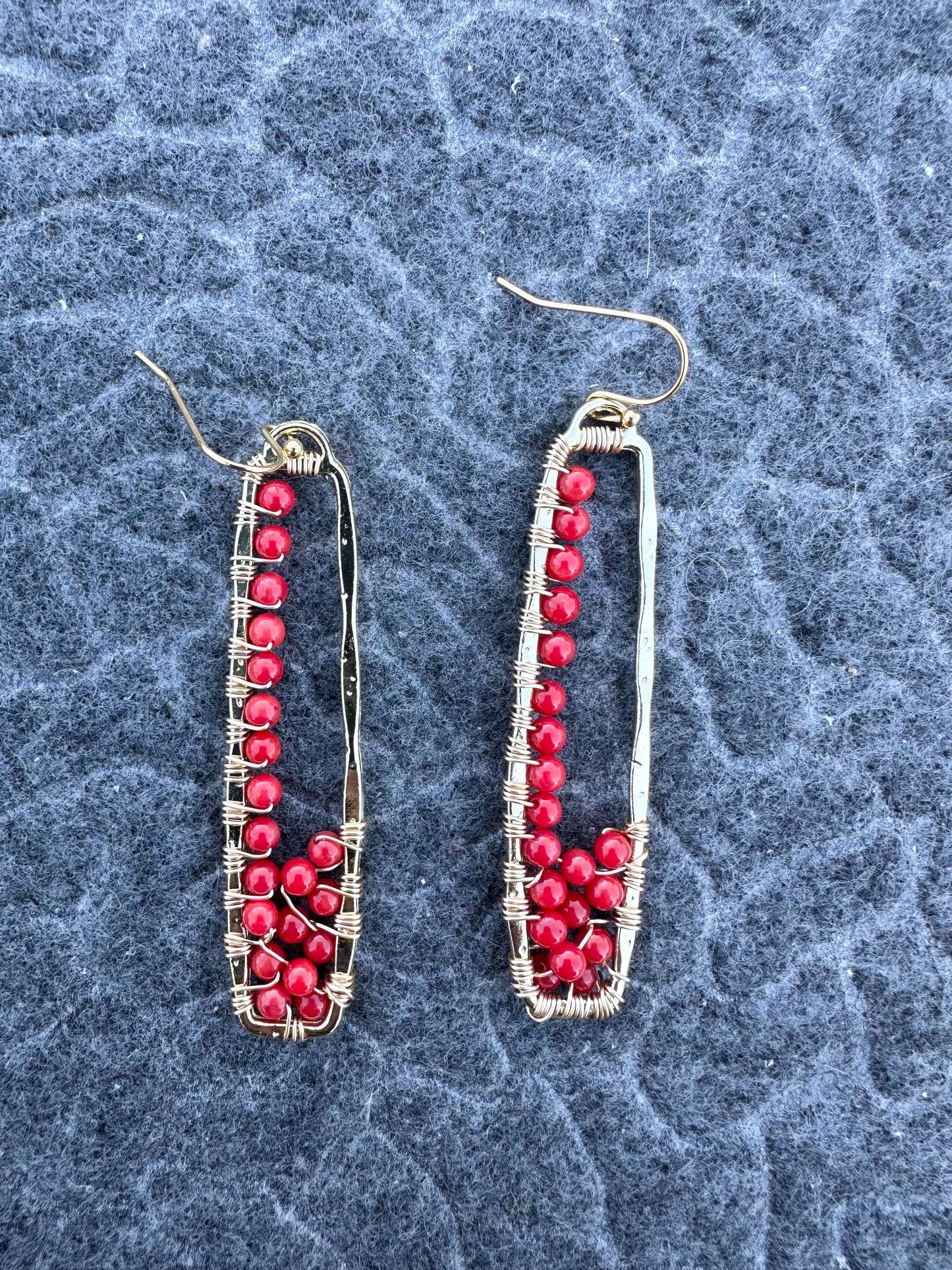 Handmade Earrings with 3mm Red Coral with gold plated 2.38inches length