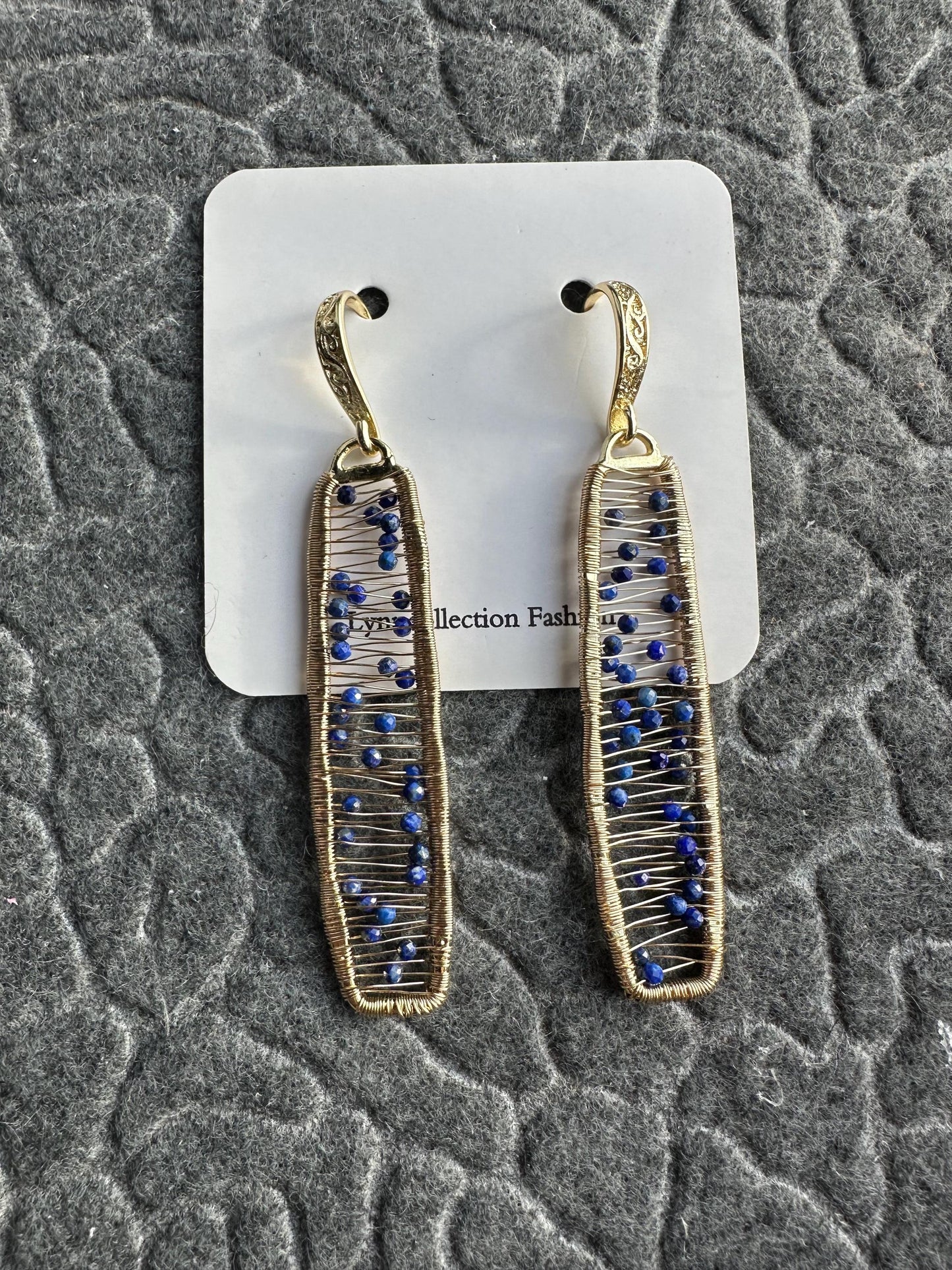 Handmade wire wrapped Earrings with 2mm Lapis Lazuli with gold plated 2.38inches length