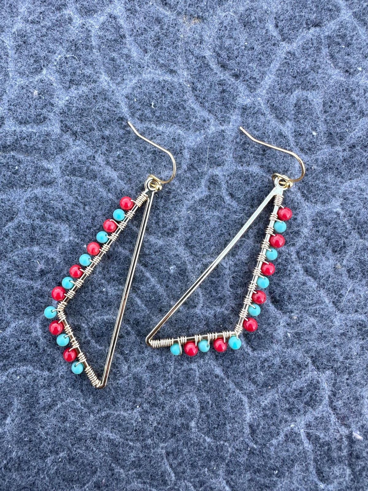 Handmade Gold Plated Dangle Earrings: Red Coral & Turquoise