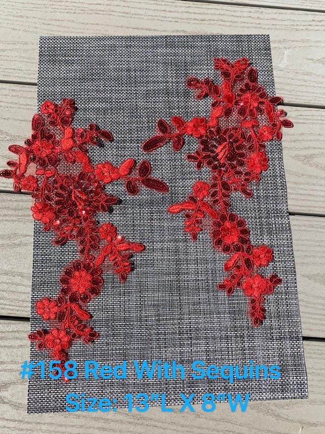 A158 Lace appliques ,wedding applique, Two Pairs Lace appliques Red color with sequin Size: 13" X 8"