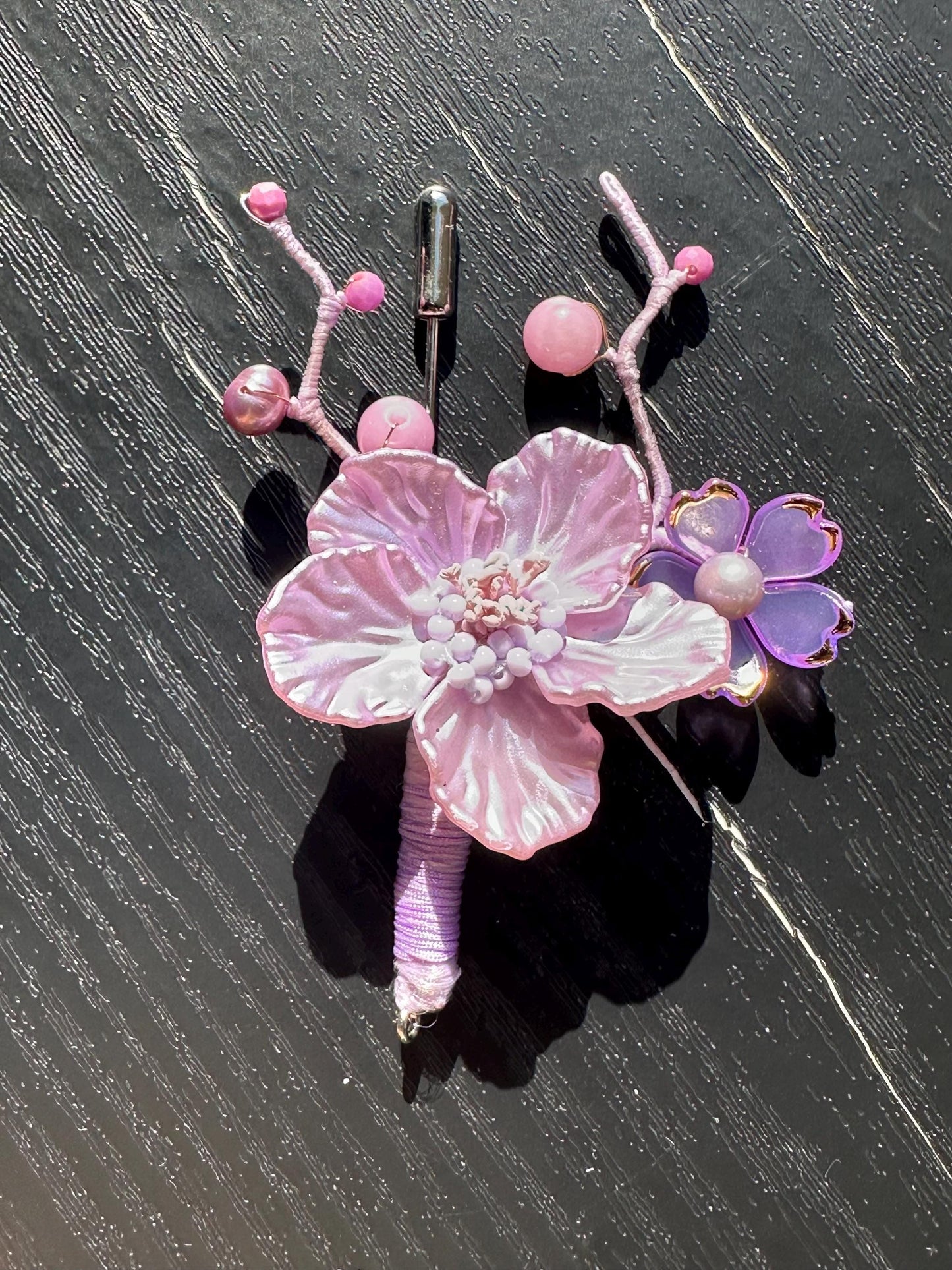 Handmade brooch, purple color acrylic beads and gemstone beads with silk thread