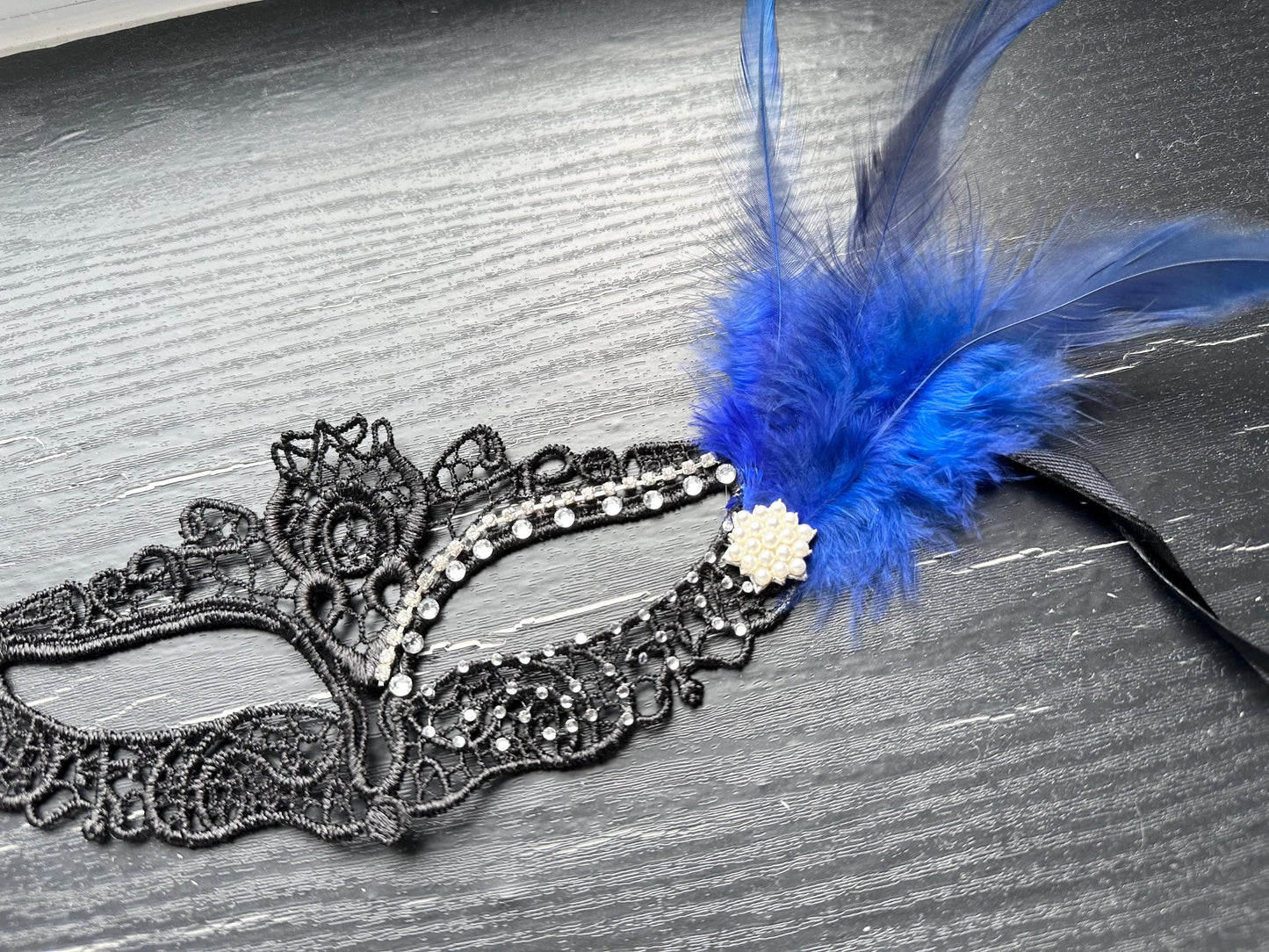 Black soft Lace Mask, Embroidery Mask, Black Mask, Party Mask, Wedding Mask, Halloween Mask, with clear rhinestone and blue feather