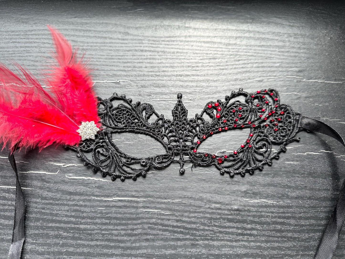 Black soft Lace Mask, Embroidery Mask, Black Mask, Party Mask, Wedding Mask, Halloween Mask, with red color rhinestone and Red feather