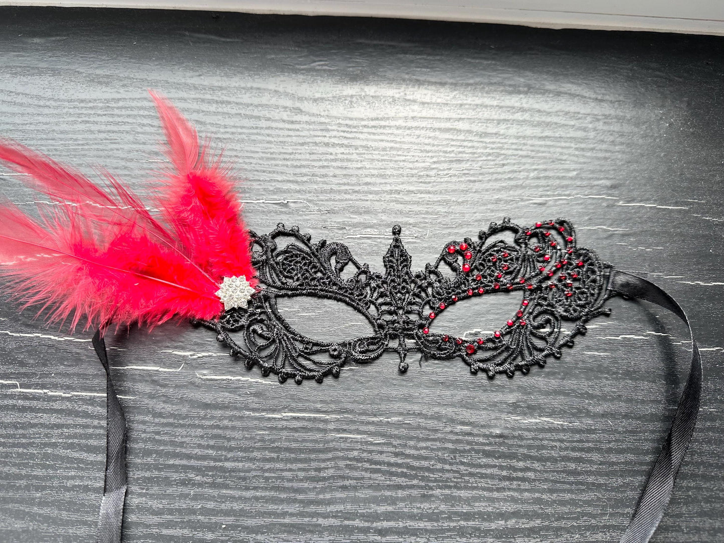 Black soft Lace Mask, Embroidery Mask, Black Mask, Party Mask, Wedding Mask, Halloween Mask, with red color rhinestone and Red feather