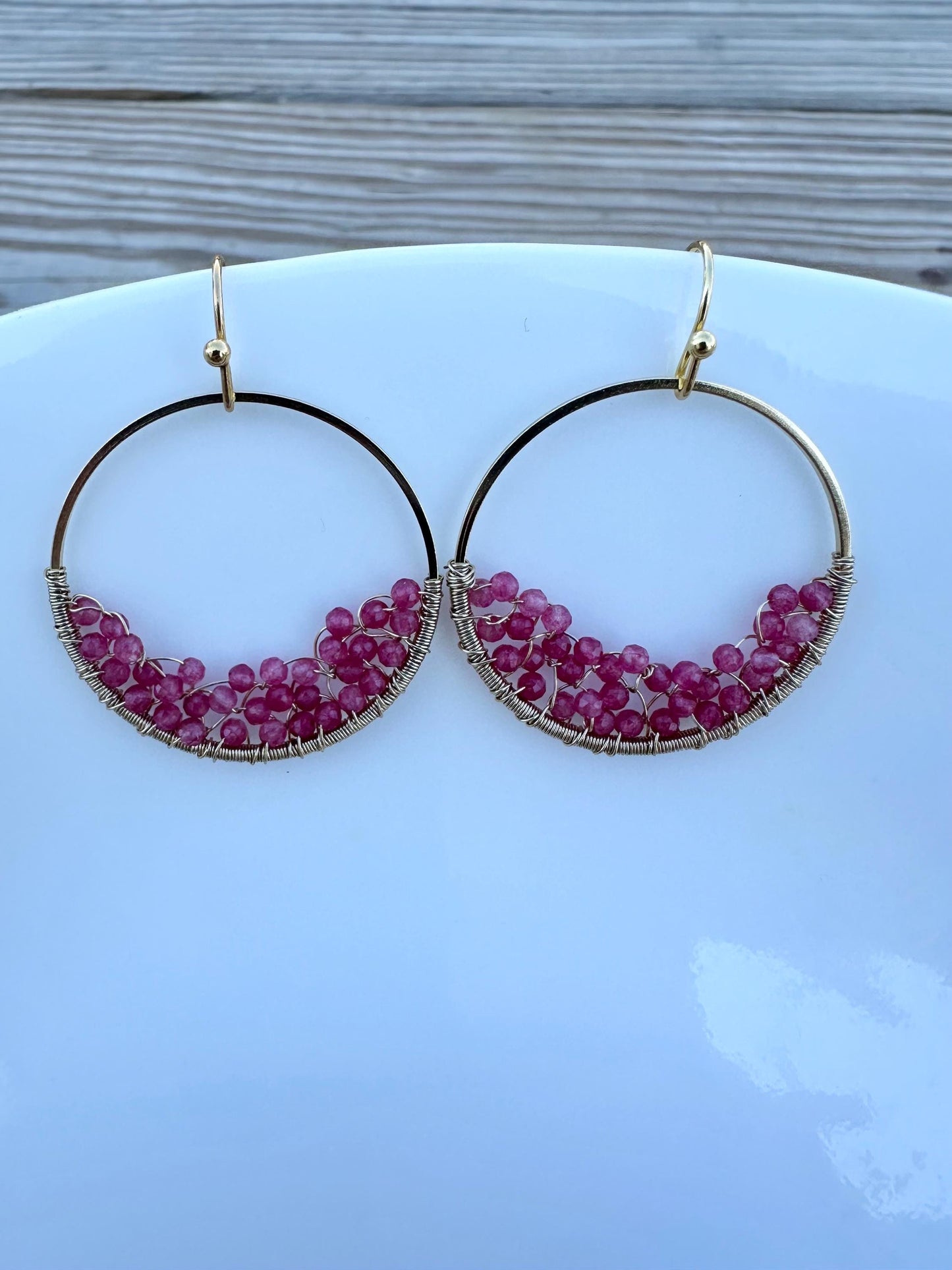 Handmade Earrings with 2mm Ruby with 25mm gold plated ring and 18k gold plated hooks