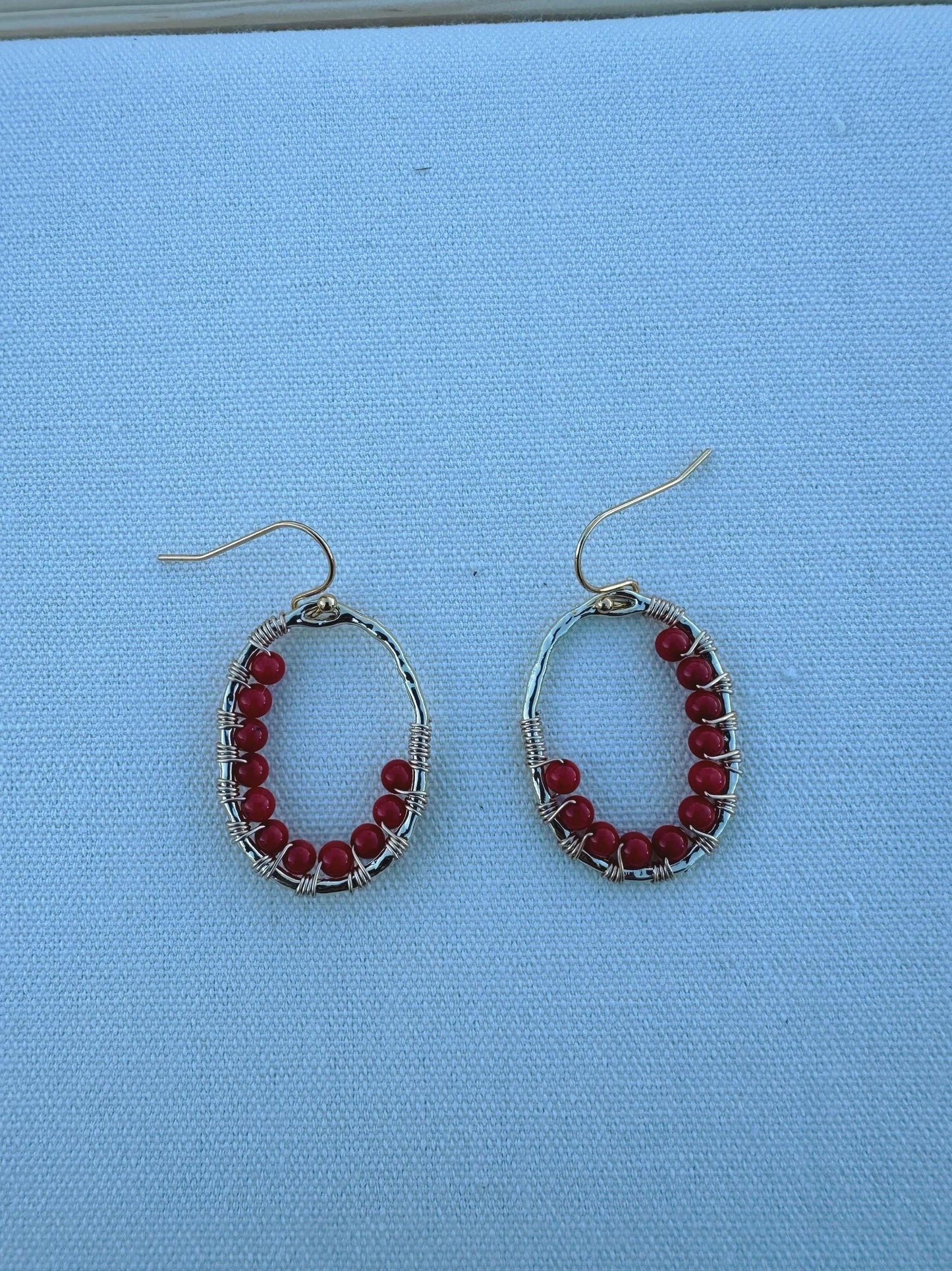 Handmade Earrings with 3mm Red Coral and 2mm Ruby with 1” length X3/4” wide gold plated and 18k gold plated hooks