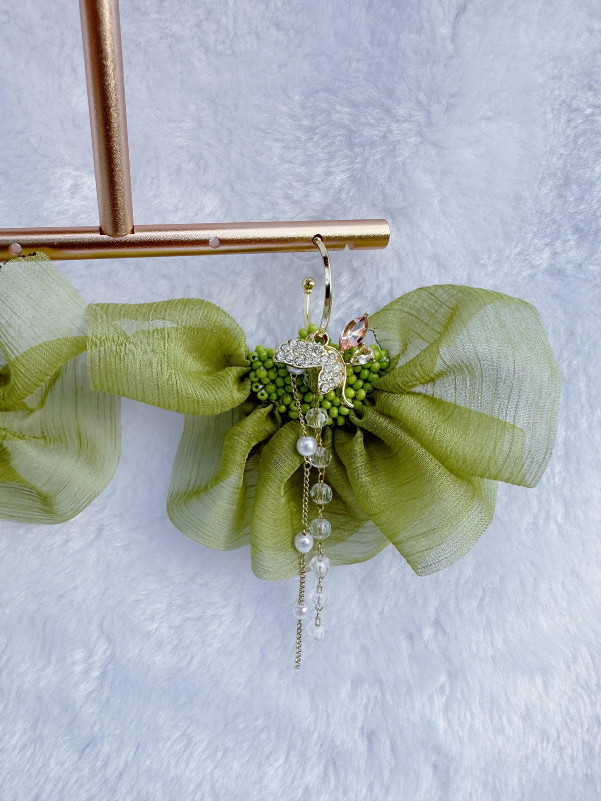 Handmade Dangle Earrings: Gold Plated, Green Chiffon Ribbon