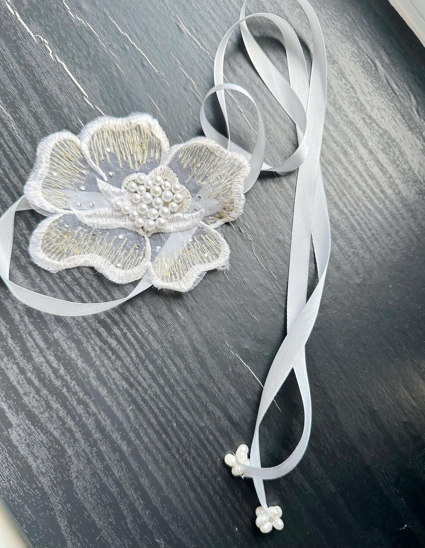Handmade flower choker necklace with gray color ribbon end with freshwater pearls