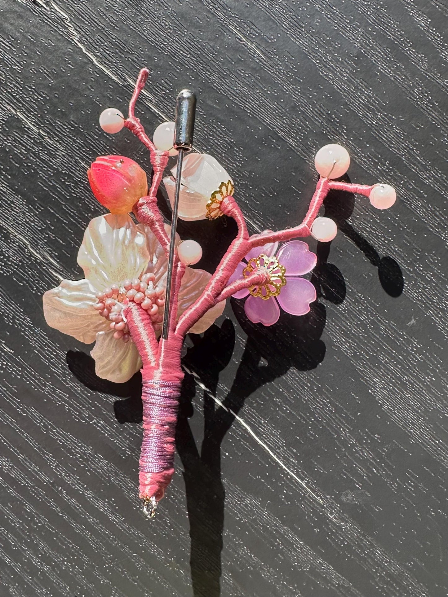 Handmade brooch, pink color acrylic beads and gemstone beads with silk thread