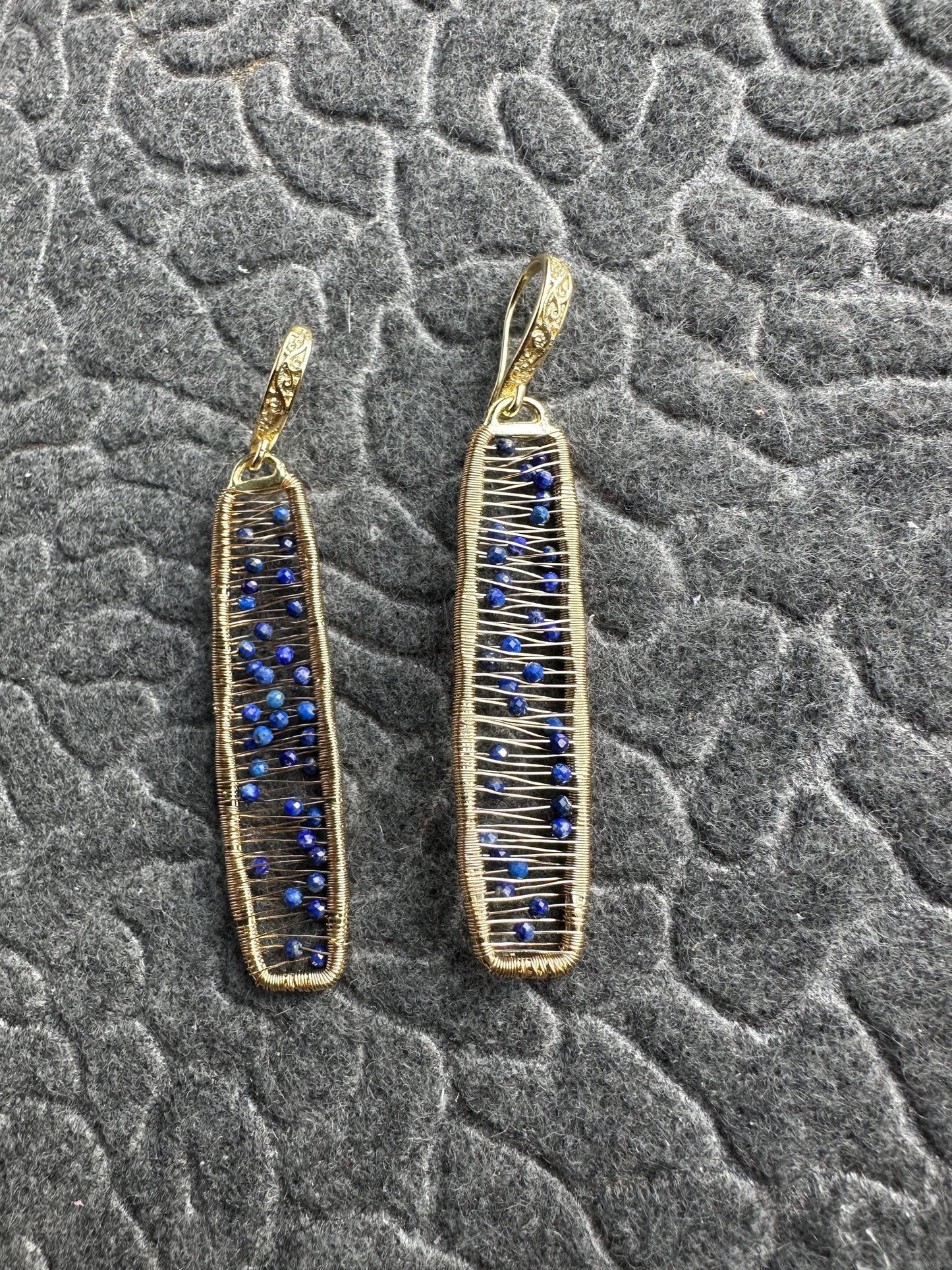 Handmade wire wrapped Earrings with 2mm Lapis Lazuli with gold plated 2.38inches length