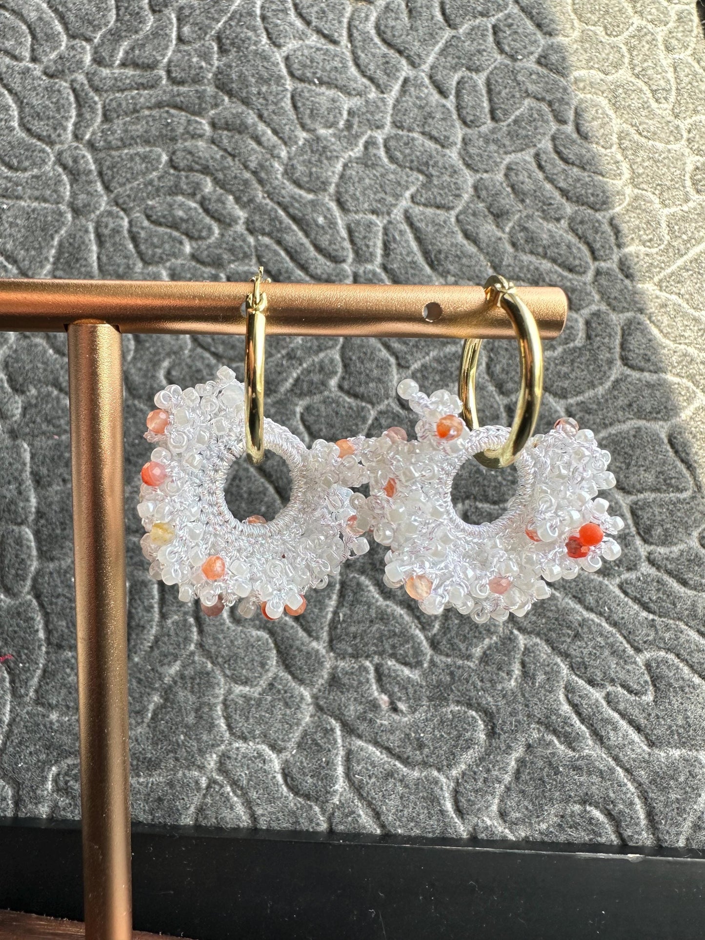 Crochet with seed beads,gemstone and 20mm size 14K Gold Plated Hoop Earrings and Sterling Silver Post